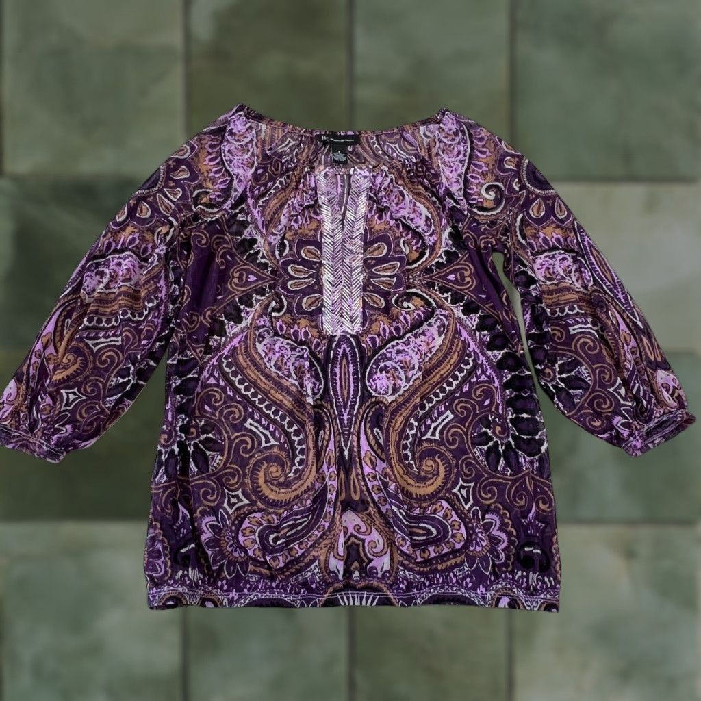 Vintage INC International Concepts Womens Blouse Small Purple Chiffon Beaded V Neck Elastic Waist Top Size S / US 4 / IT 40 - 1 Thumbnail
