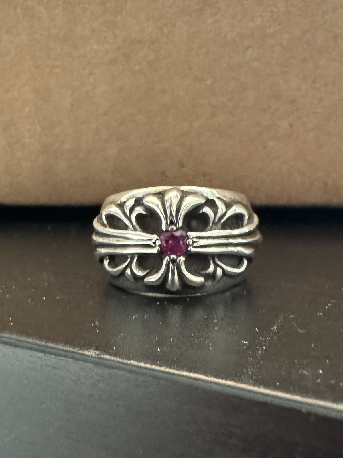 image of Chrome Hearts Silver Floral Cross Ring Aftermarket Ruby, Men's