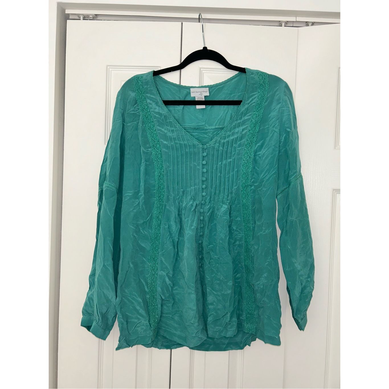 Loft Soft Surroundings Green Blue Teal Button Blouse, 100% Silk T Size S / US 4 / IT 40 - 3 Thumbnail