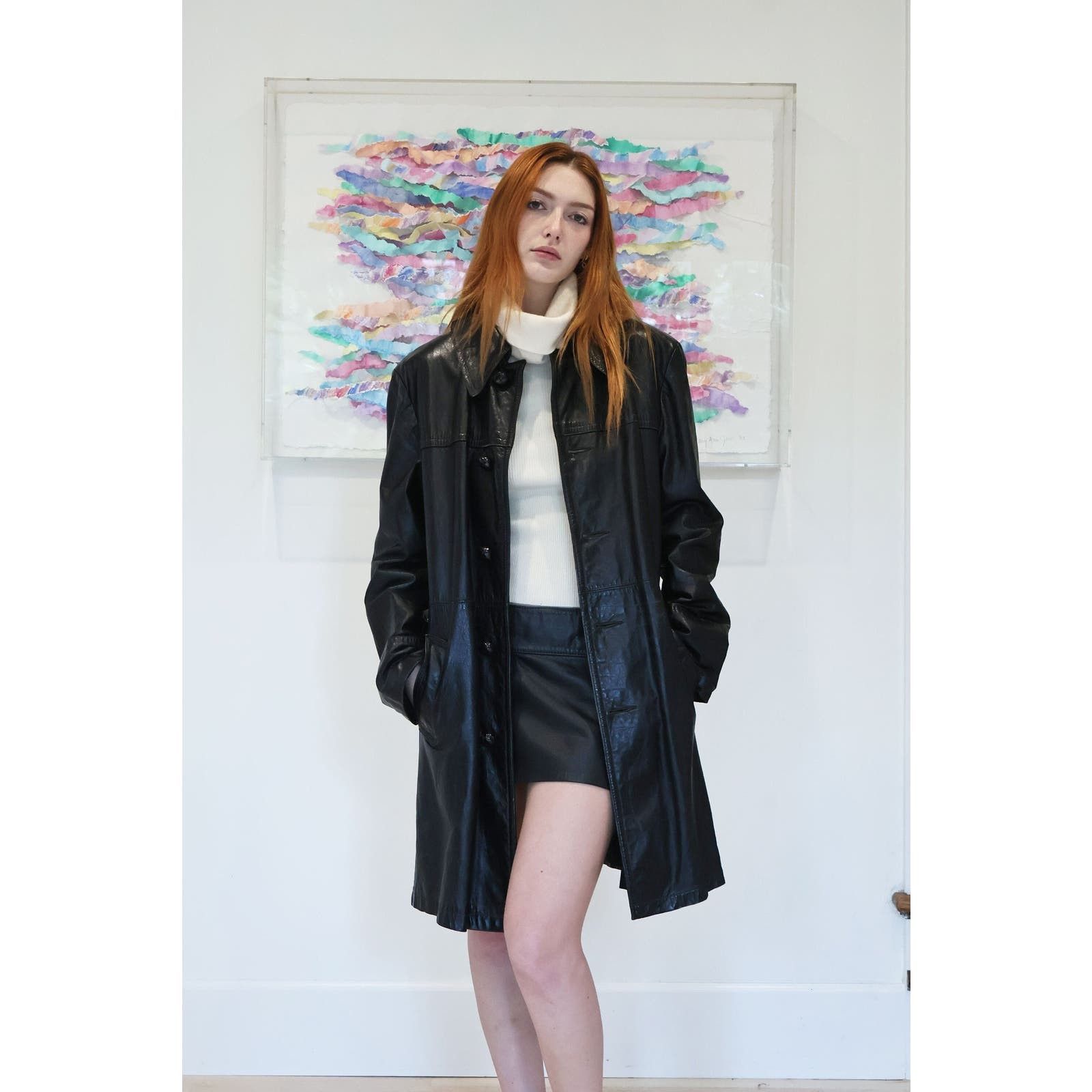 image of Vintage 1970S Minimal Leather Trench Coat in Black, Women's (Size Medium)