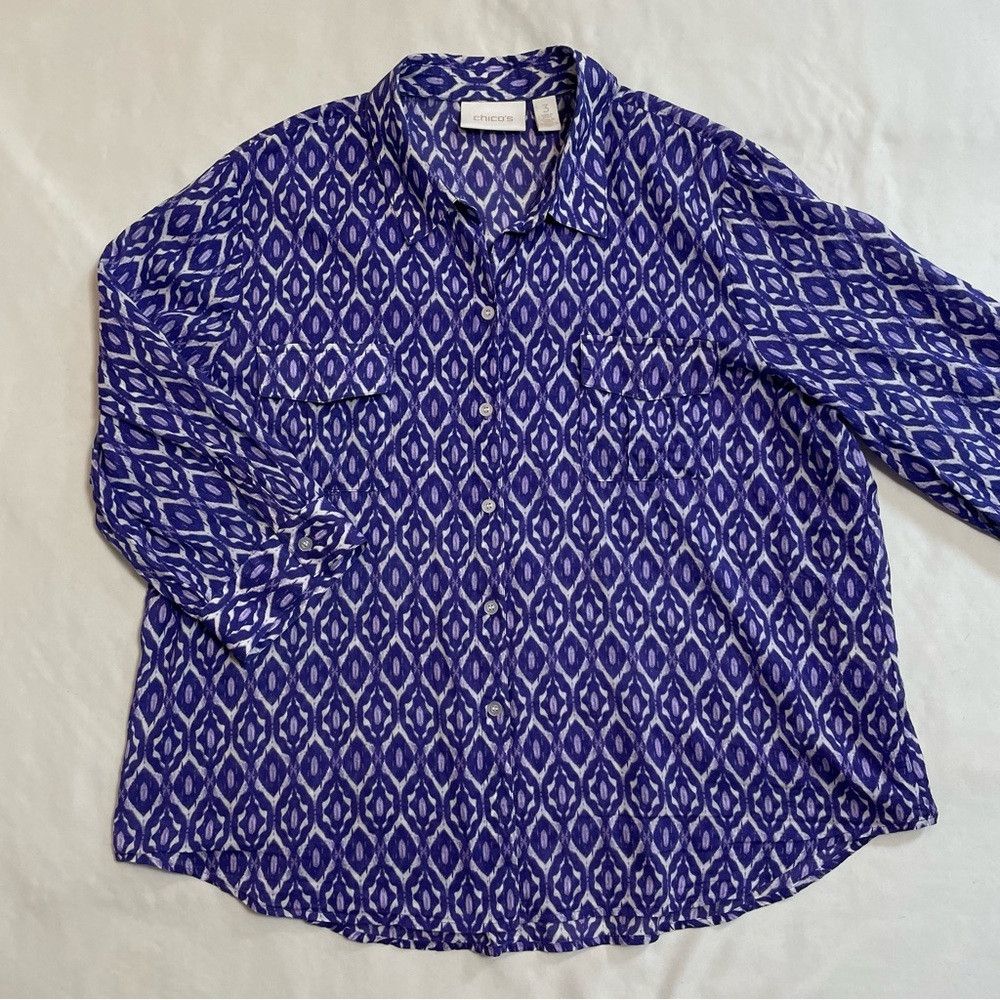 Chicos Chico's Purple Cotton Ikat 3/4 Sleeve Button Shirt Size 3 U Size XL / US 12-14 / IT 48-50 - 5 Thumbnail