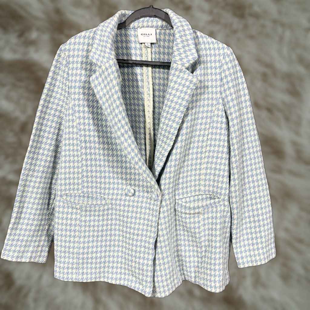 Vintage Gilli Blazer Houndstooth Double-Breasted Notch Lapel Blue Womens Size L Size L / US 10 / IT 46 - 1 Thumbnail