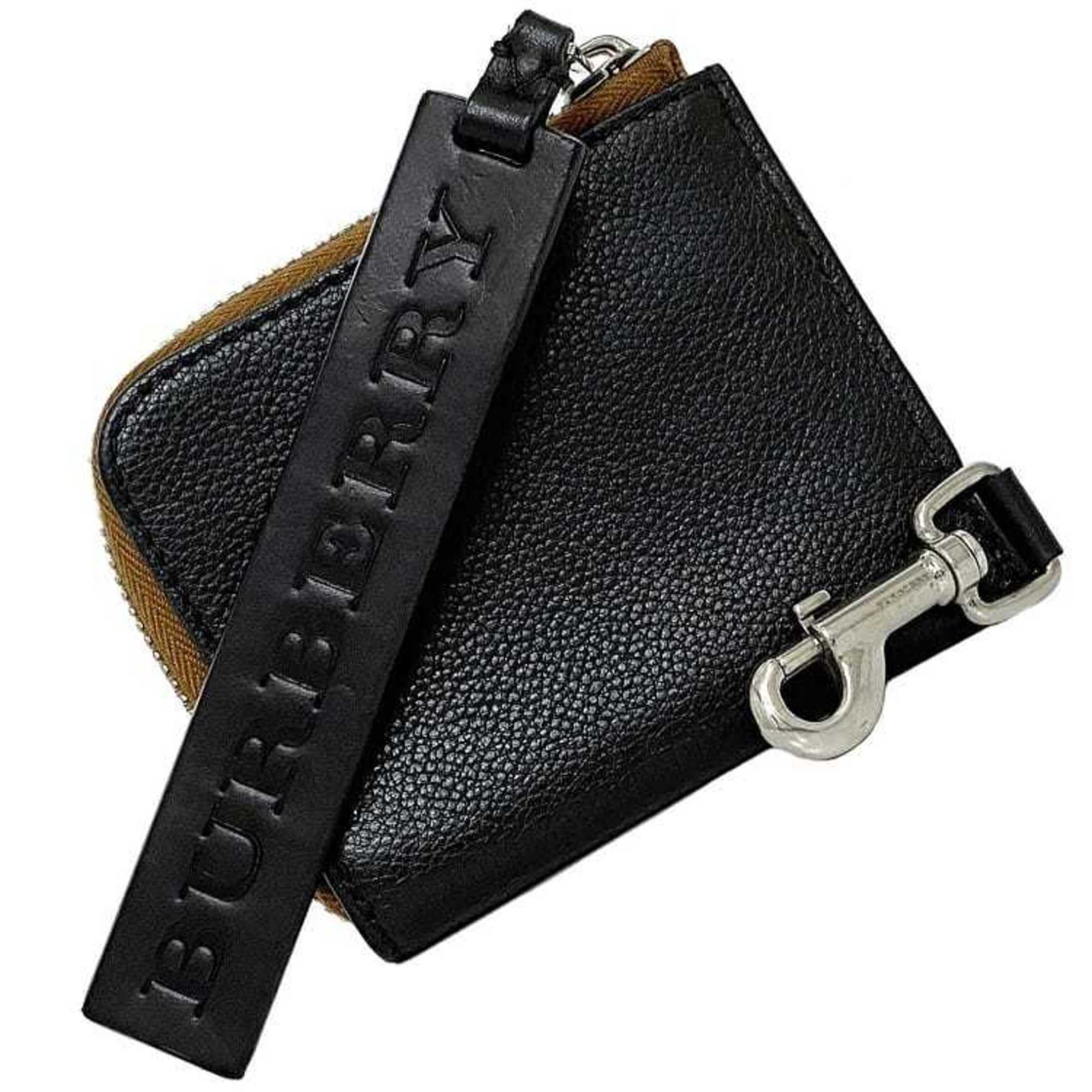 image of Burberry L-Shaped Coin Case Black Brown Wallet Purse Leather Burberry Pull Compact Men's
