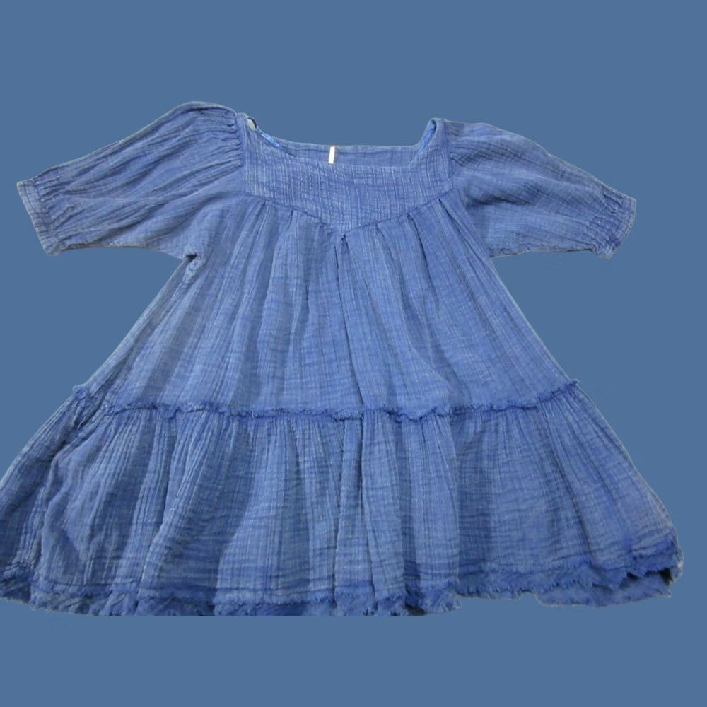 Free People Free People Dress Womens XS Blue Peasant Mini Square Neck Puff Sleeve Frayed Hem Size XS / US 0-2 / IT 36-38 - 1 Thumbnail