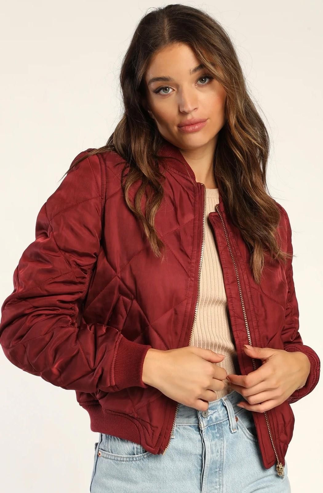 Lulus LULUS Quilted Bomber Jacket in Burgundy (X-SMALL) Size XS / US 0-2 / IT 36-38 - 2 Thumbnail