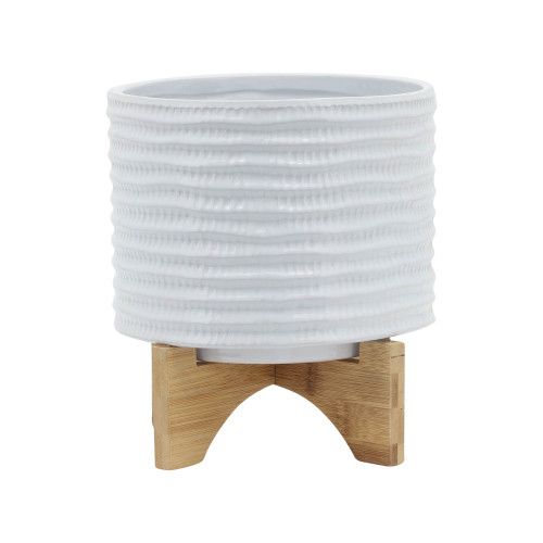8 TEXTURED PLANTER W/ STAND, WHITE