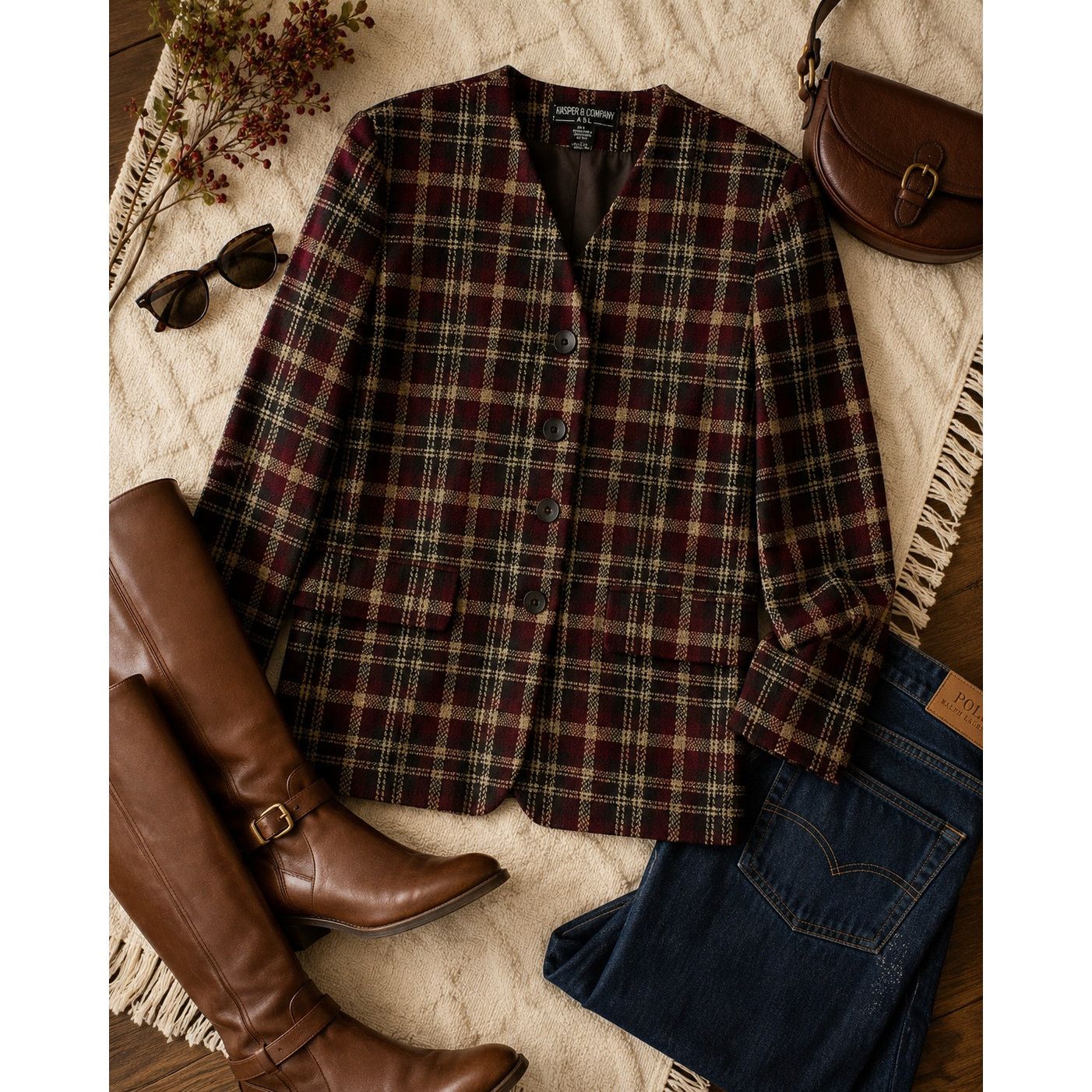 Vintage Kasper Vintage Burgundy Plaid Wool Blazer Jacket 8P Size M / US 6-8 / IT 42-44 - 9 Thumbnail