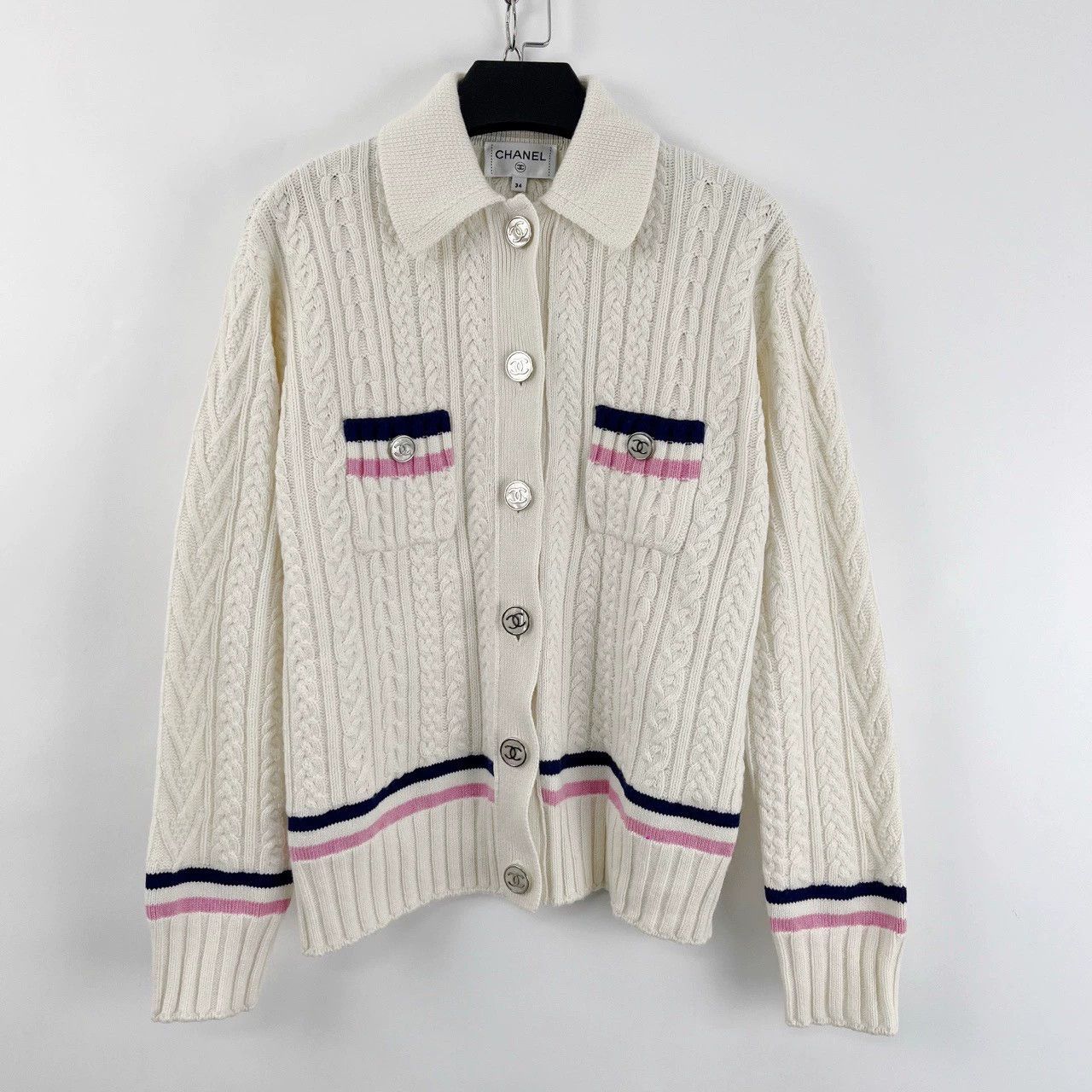 Chanel Beige Stripe Enamel Button Cardigan - dmc