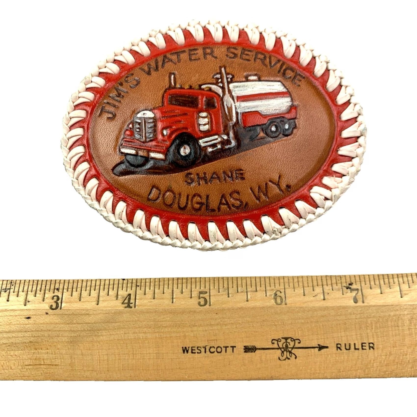 Vintage VINTAGE Leather Belt Buckle Shane Douglas Jim's Water Service Wyoming Brown Unbranded 1980s Occupational Adult Unisex Mens Womens Boys Girls Size ONE SIZE - 4 Thumbnail