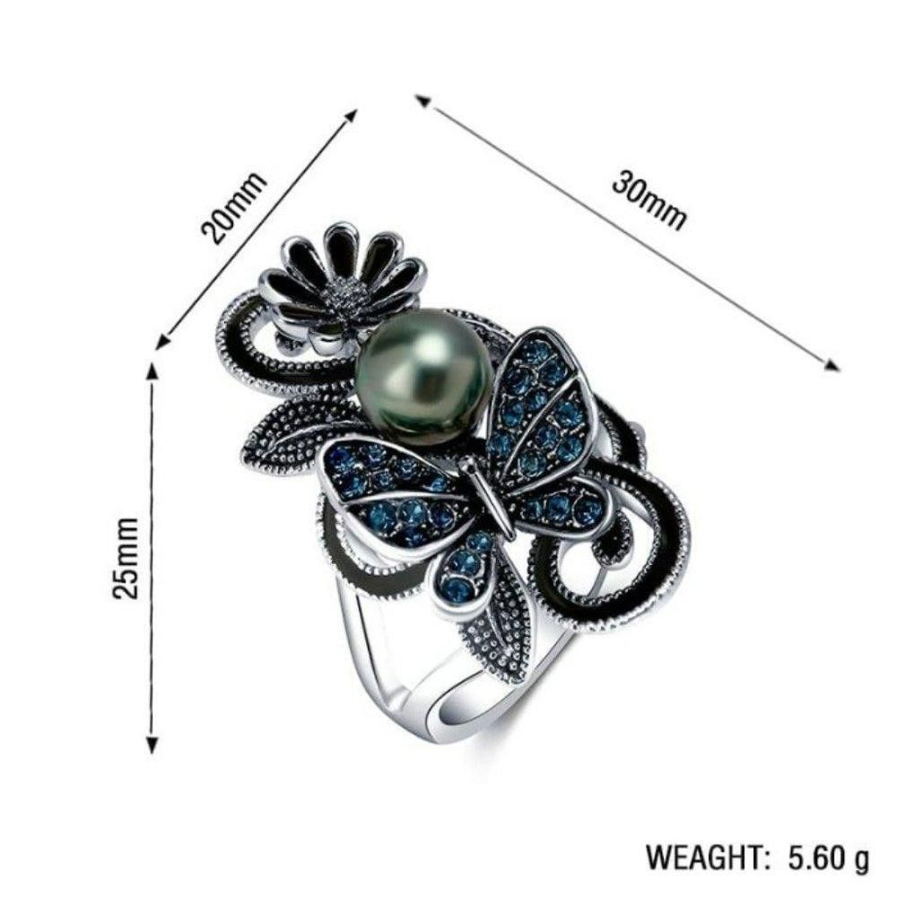 Designer Vintage Navy Blue Pearl Butterfly Silver Flower Ring- Size 7 Size ONE SIZE - 4 Thumbnail