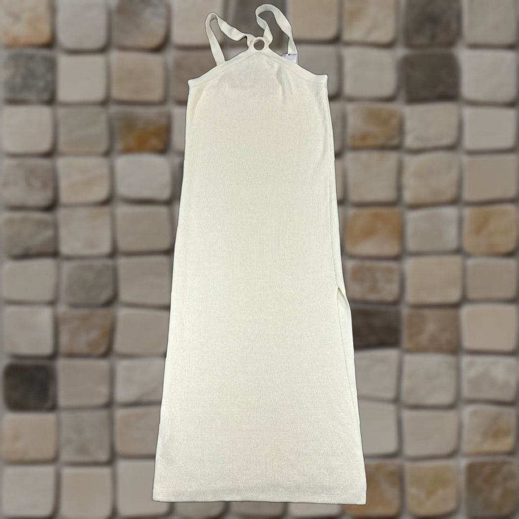 Vintage Mng Cotton Knit Midi Dress Womens Large Beige Sleeveless Cowl Neck Casual Summer Size L / US 10 / IT 46 - 1 Thumbnail