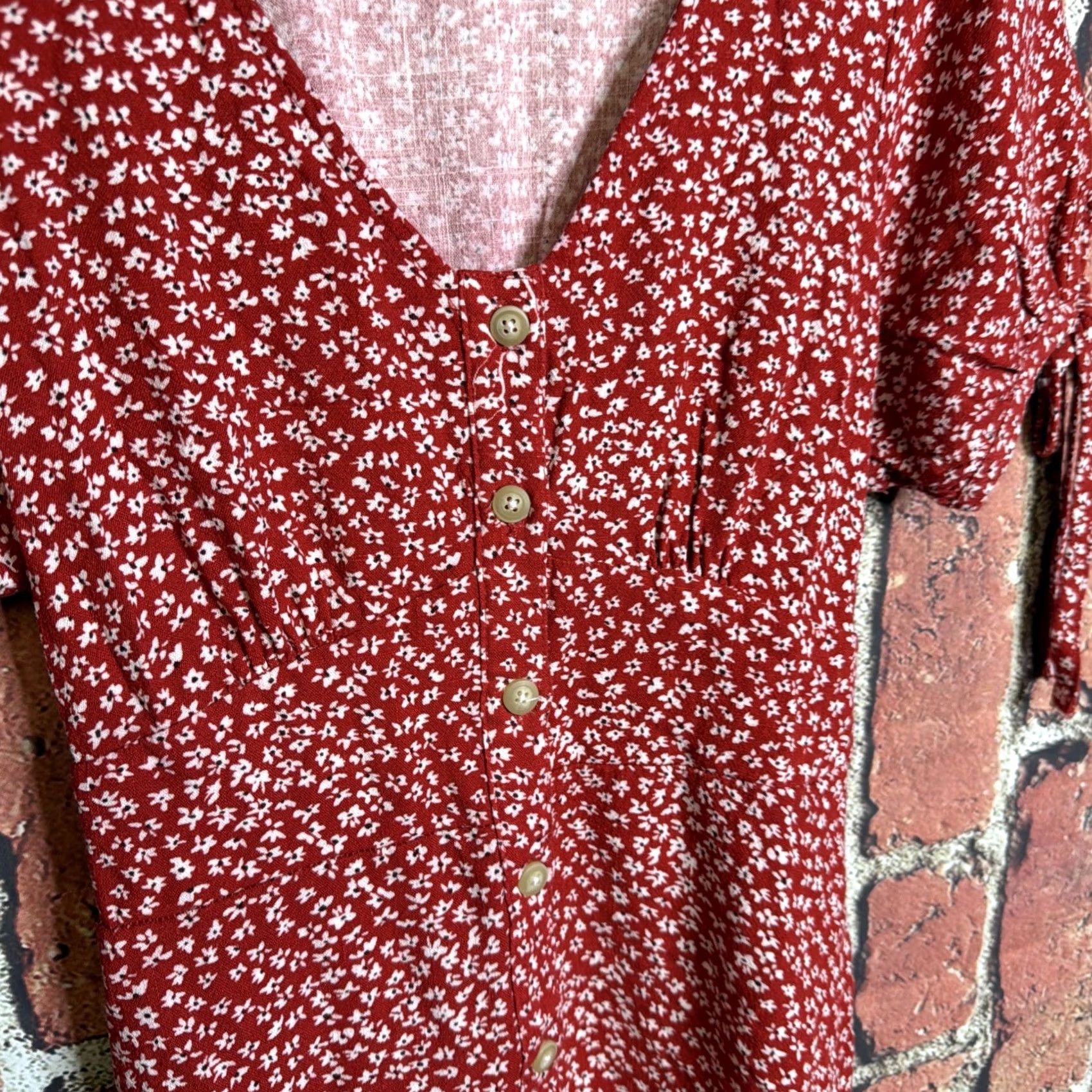 Vintage UNIVERSAL THREAD DRESS Womens S Red Floral PEASANT A-LINE Button-Up Rayon/Linen Ditsy Size S / US 4 / IT 40 - 2 Thumbnail