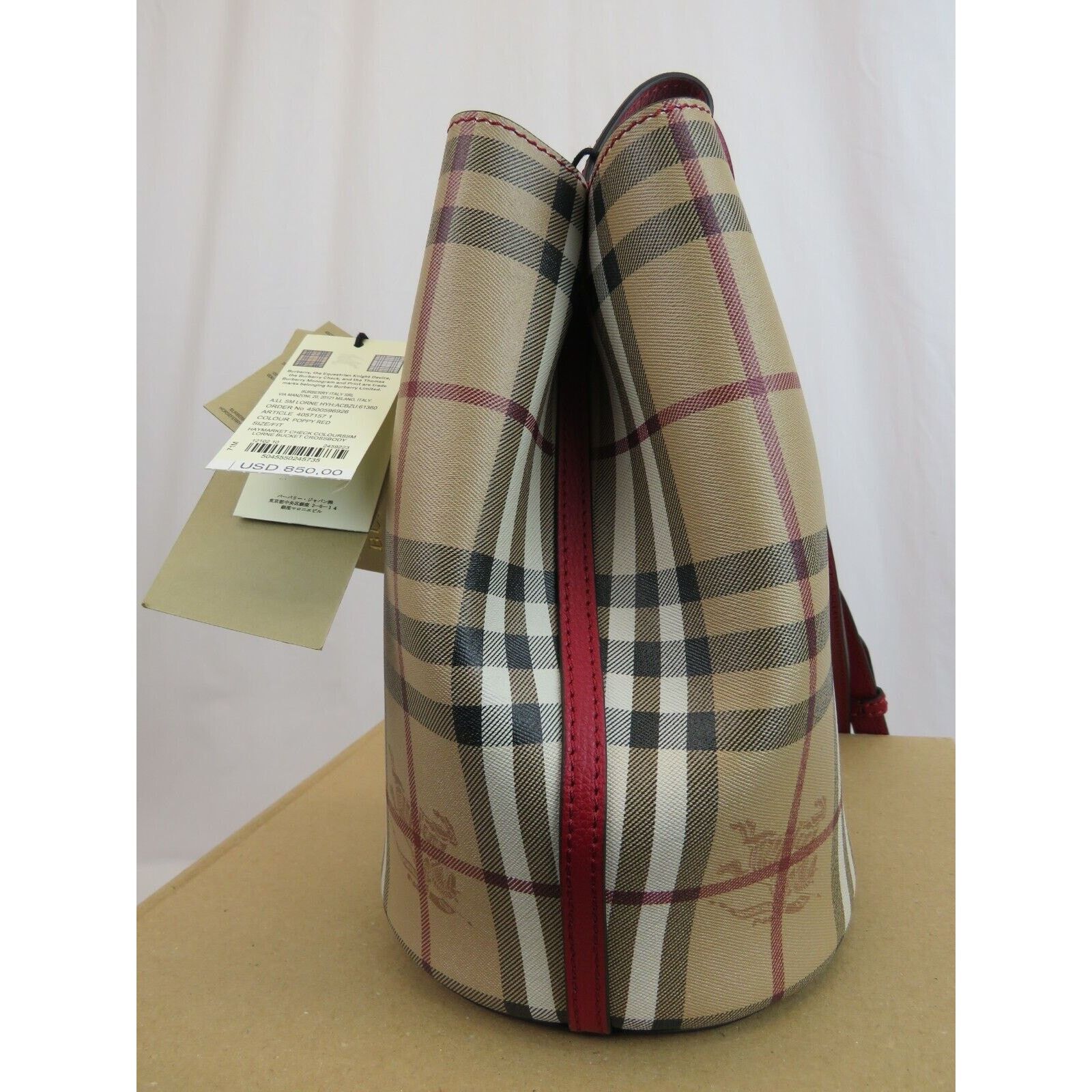 Burberry LORNE RED LEATHER HAYMAKET CHECK CROSSBODY BUCKET SMALL BAG Size ONE SIZE - 5 Thumbnail