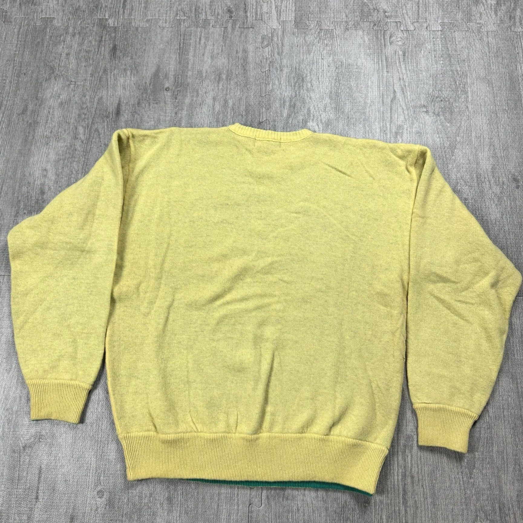 Lord & Taylor Vintage Lord & Taylor Men's Double Layer Waffle-Knit Cashmere Sweater XL Yellow Teal 90s Preppy Pullover Size US XL / EU 56 / 4 - 5 Thumbnail