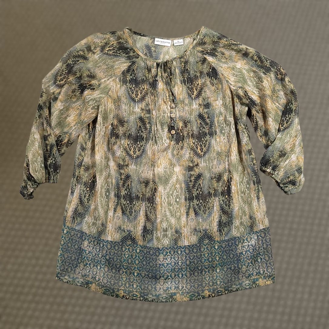 Liz Claiborne Liz Claiborne Shirt Women's PL Petite Green Lightweight Long Sleeve Henley Tie Shirt Size L / US 10 / IT 46 - 1 Thumbnail