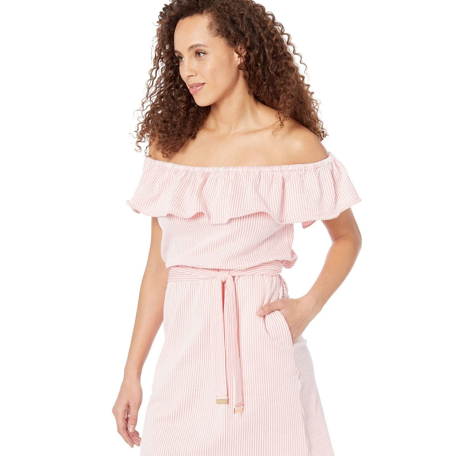 Michael Kors Michael Kors Women Seersucker Off-the-Shoulder Dress Size M Size M / US 6-8 / IT 42-44 - 4 Thumbnail