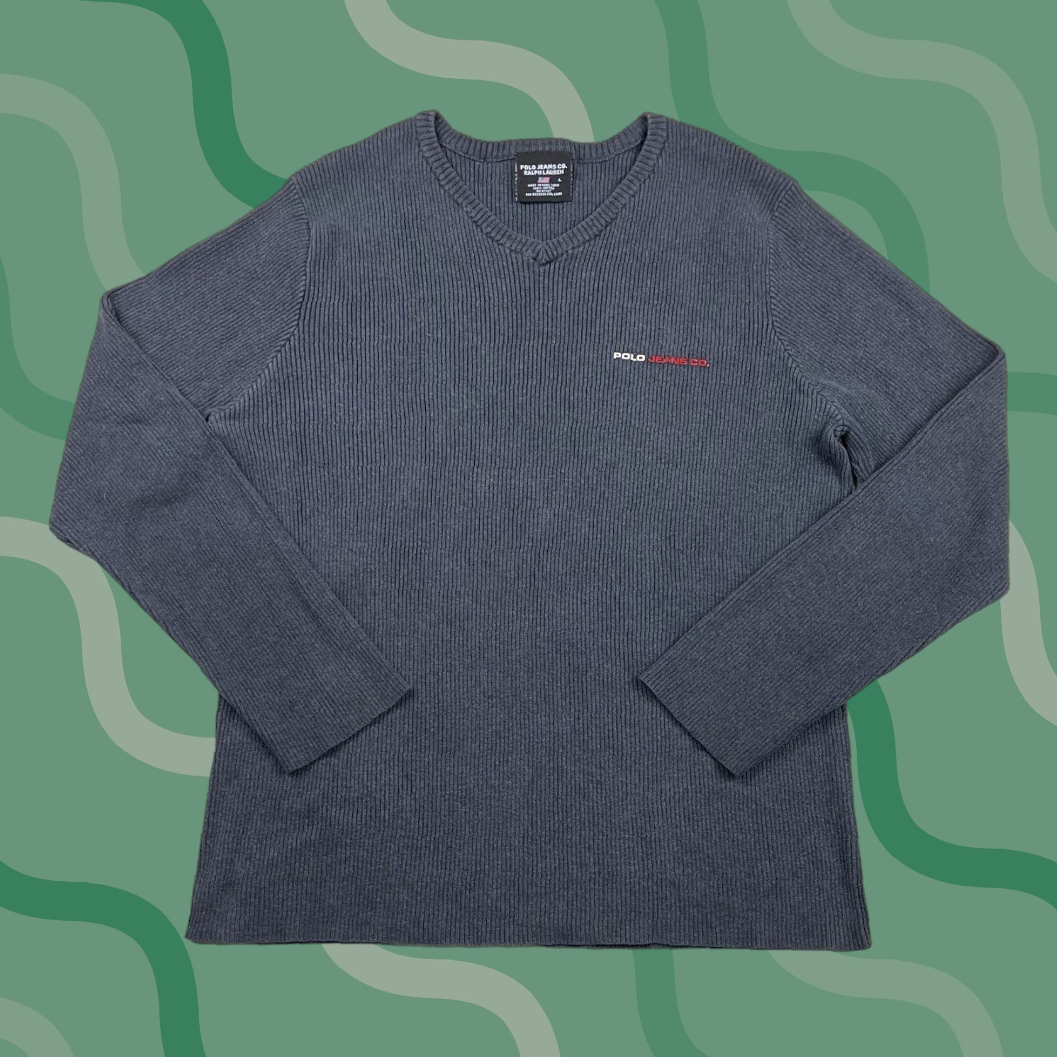 Polo Ralph Lauren VINTAGE Polo Ralph Lauren Sweater Shirt Womens L Ribbed V Neck Gray 90s RL Polo Jeans Logo Pullover Knit Size L / US 10 / IT 46 - 1 Thumbnail