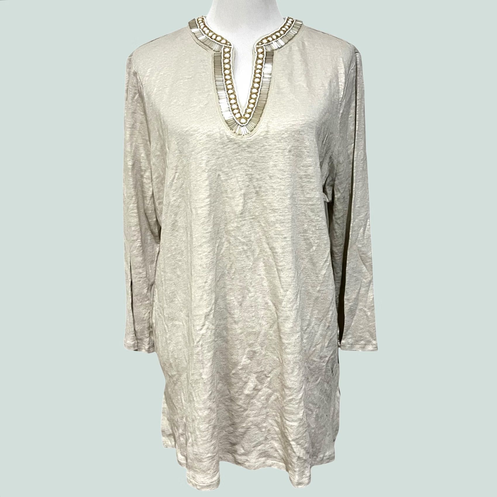 Vintage VINTAGE Chico’s Blouse 3 XL Linen Tunic Beaded Split Neck 3/4 Sleeve Top Beige Mens? Size XL / US 12-14 / IT 48-50 - 1 Thumbnail