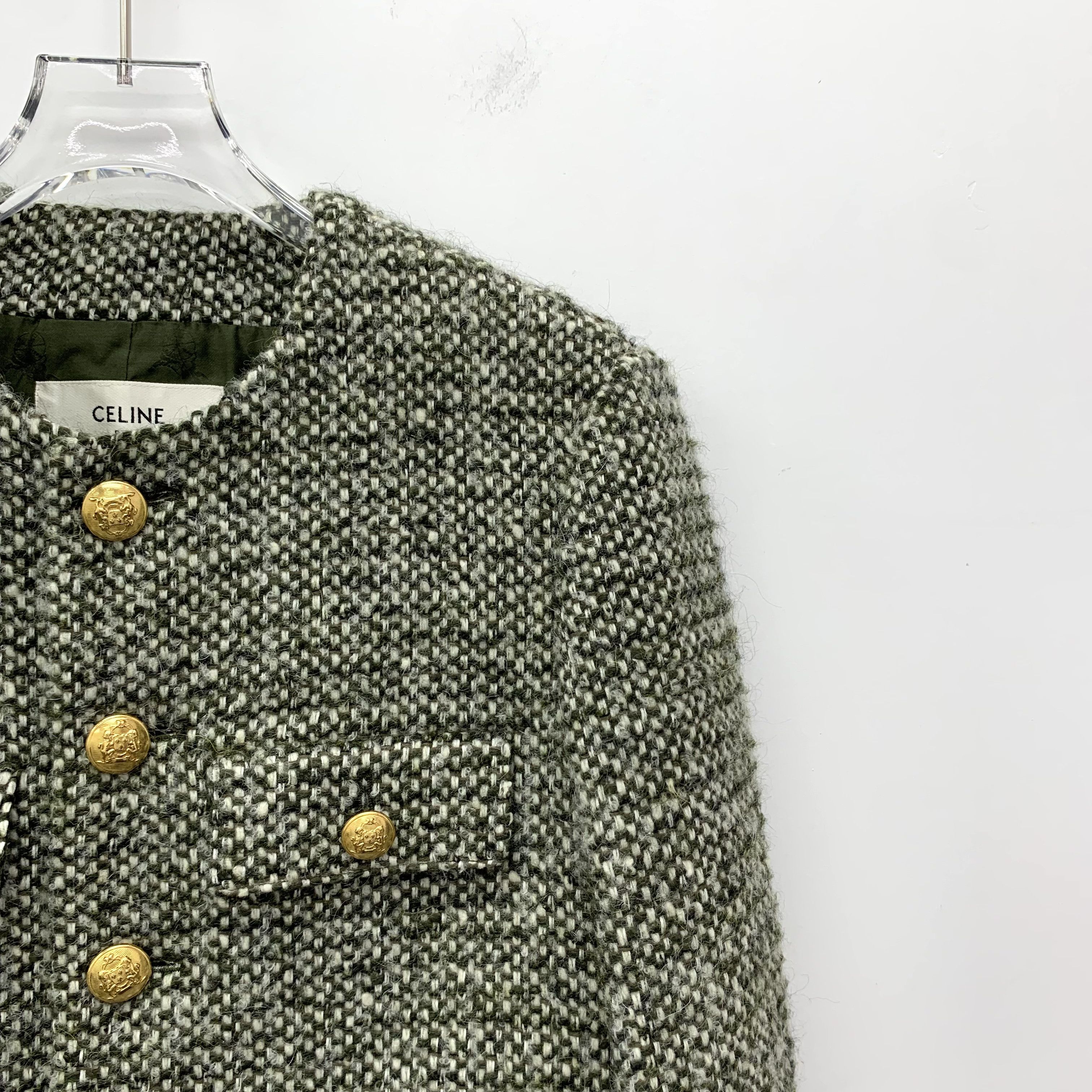 Celine Celine Jacket Wool Military Green Tweed Button-Up (Size XXS) Size XXS / US 00 / IT 34 - 7 Thumbnail