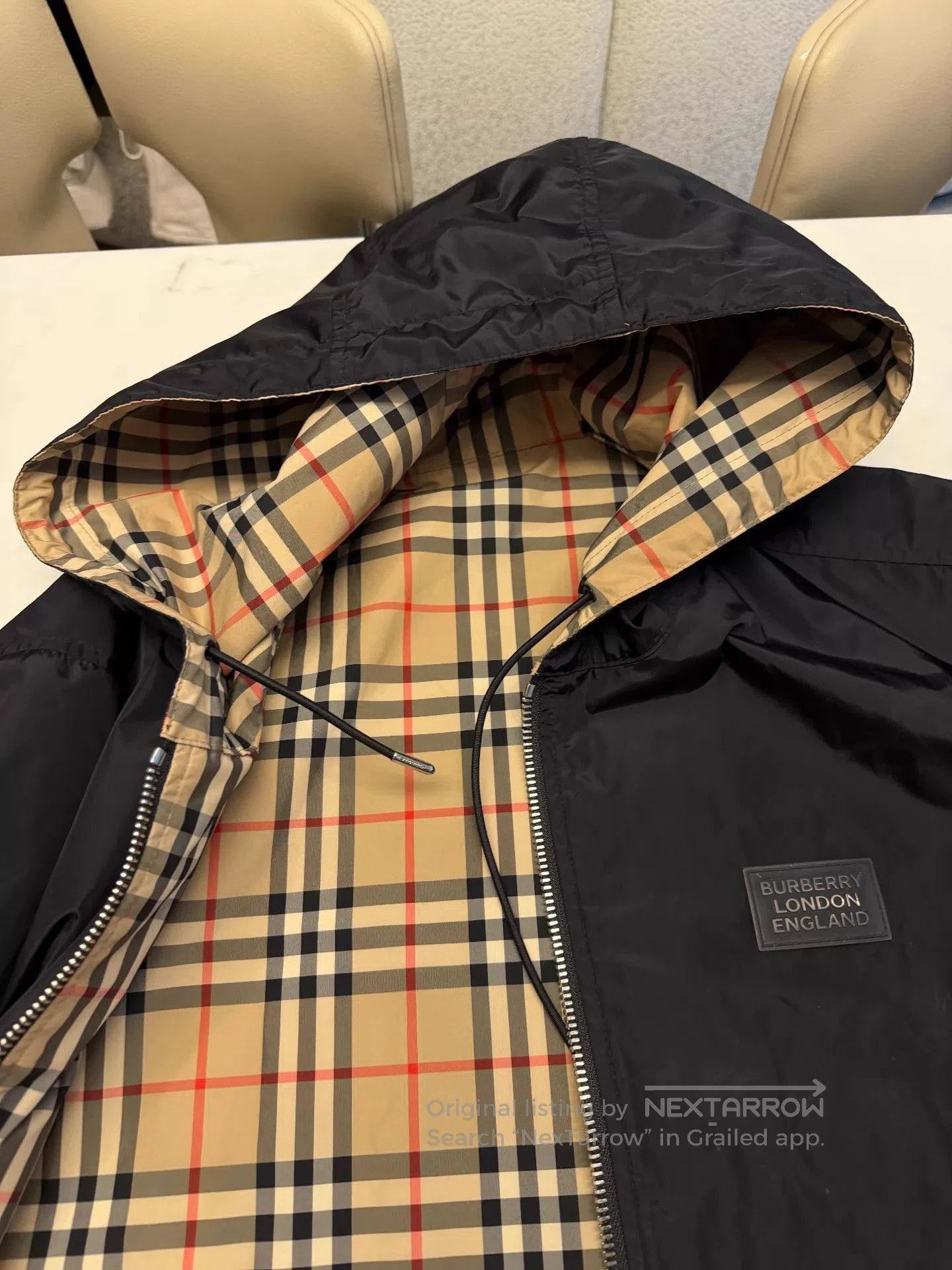 Burberry Black Hooded Light Jacket with Plaid Lining - XL. Size US XL / EU 56 / 4 - 2 Thumbnail