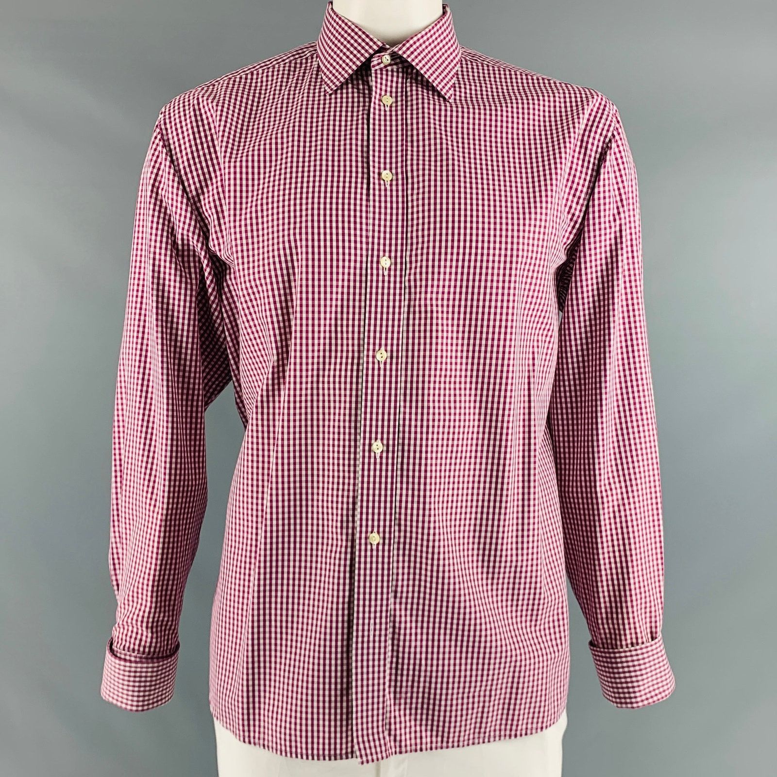 Eton Size XL Burgundy White Gingham French Cuff Long Sleeve Shirt Size US XL / EU 56 / 4 - 1 Thumbnail