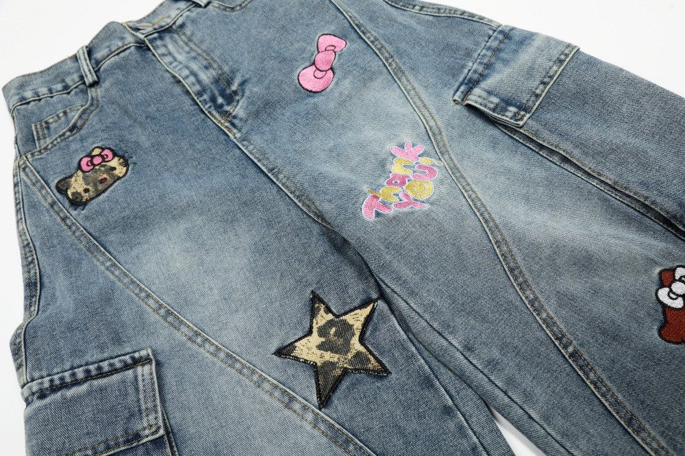 Jean Washed cartoon embroidery multi-pocket cargo denim shorts Size US 32 / EU 48 - 4 Thumbnail