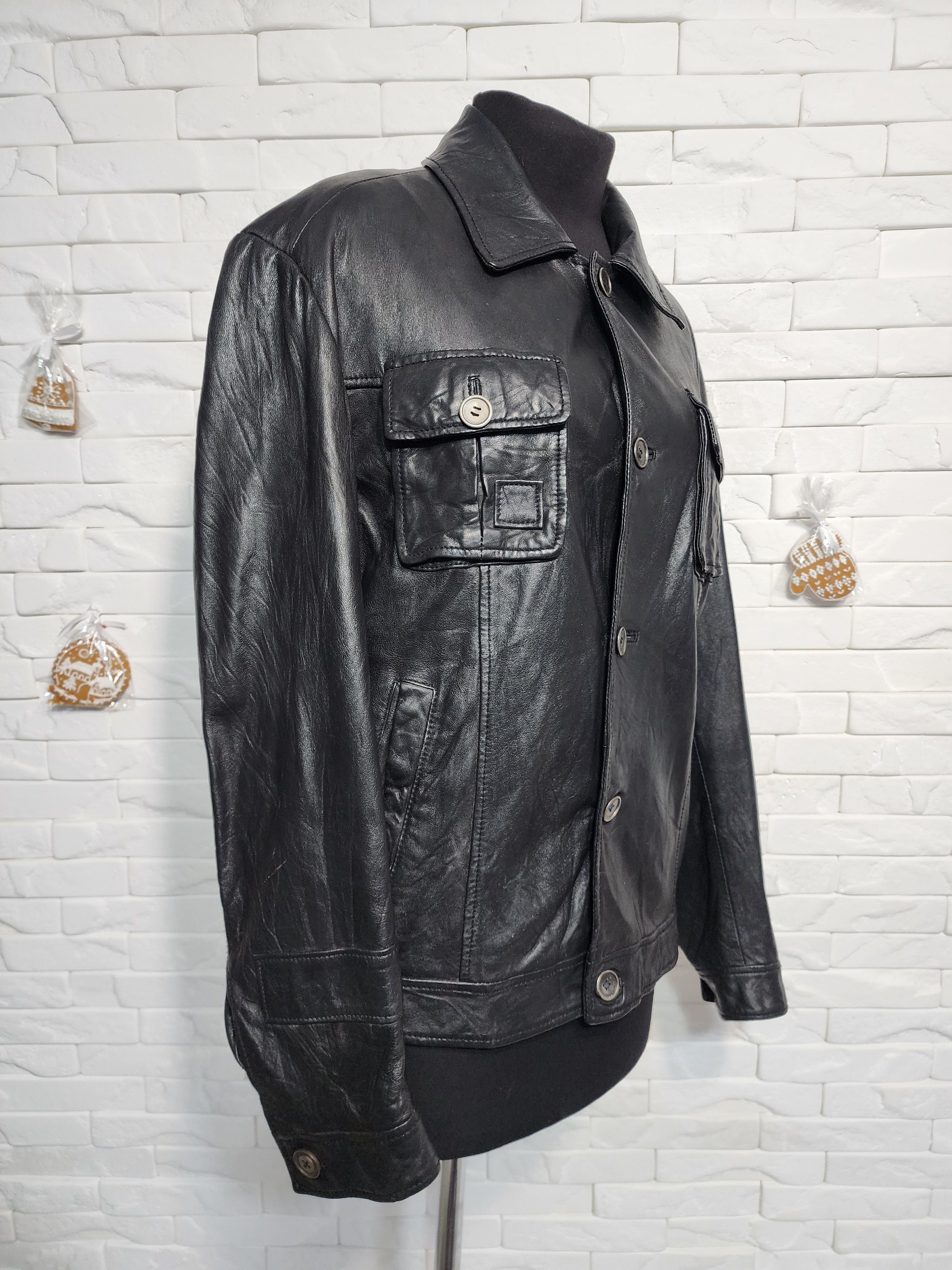 Other Men's Black Genuine Leather Jacket: Button Up Style, Pockets Size US L / EU 52-54 / 3 - 3 Thumbnail
