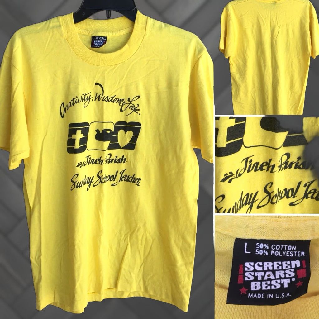 Vintage VINTAGE Screen Stars T-Shirt Yellow L Graphic Tee Unisex 1980s Sunday School Teacher Jireh Parish Wisdom Creativity Love Sz L Size US L / EU 52-54 / 3 - 1 Thumbnail