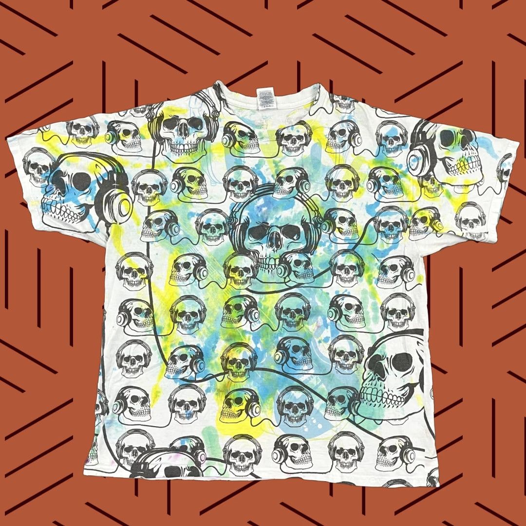 Delta VINTAGE Y2K Skull Skeleton AOP Graphic T-Shirt Mens XL Punk Grunge Skater Headphones Size US XL / EU 56 / 4 - 1 Thumbnail