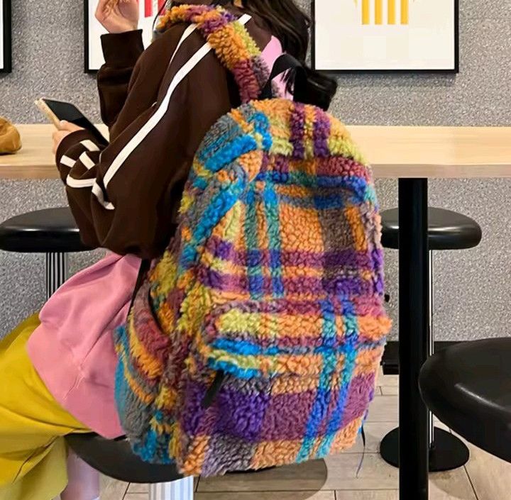Japanese Brand Fashionable Multicolor Plaid Plush Backpack Size ONE SIZE - 6 Thumbnail