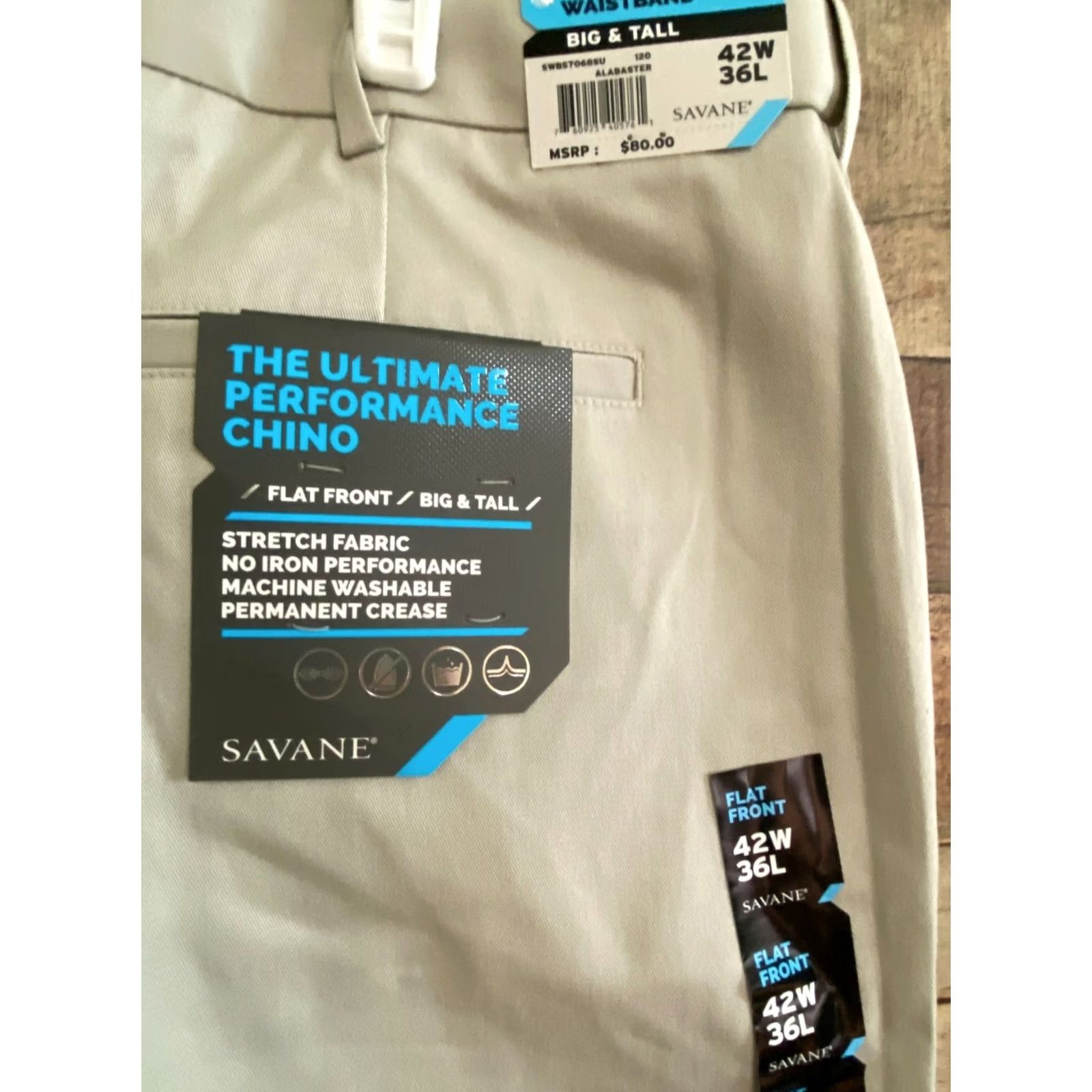 Savane Savane Mens Performance Chino Pants Beige Flat Front Big & Tall 42 x 36 New Size US 42 / EU 58 - 3 Thumbnail
