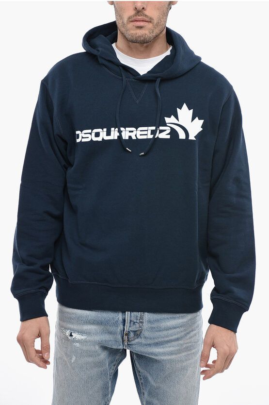 image of Dsquared2 Brushed Cotton Cool Fit Hoodie With Logo in Blue, Men's (Size XL)