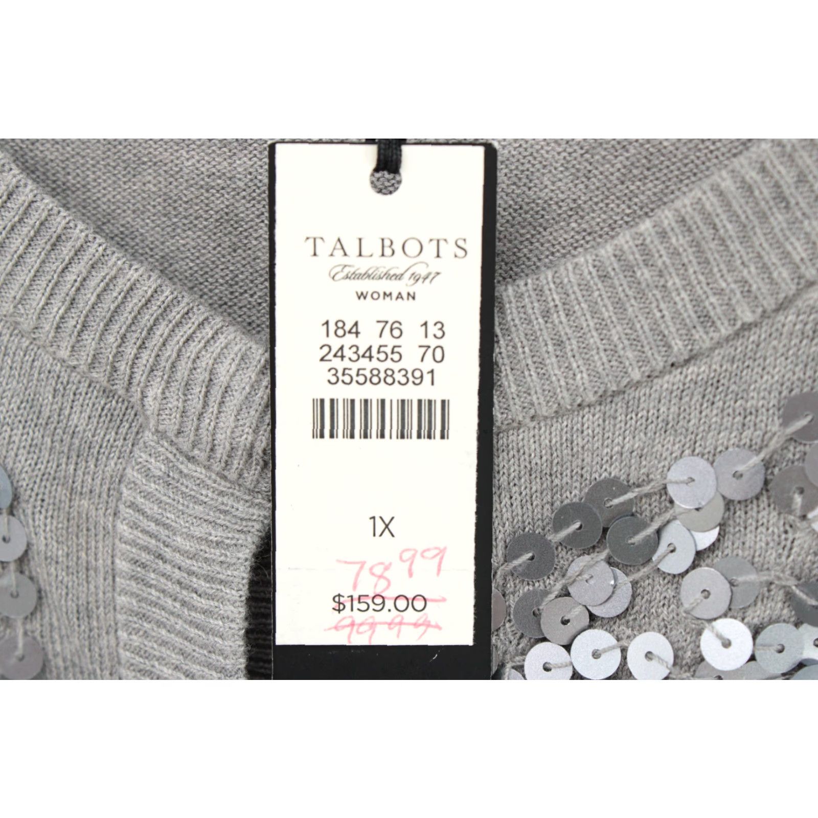 Talbots VINTAGE Talbots Sweater Cardigan Women's 1X Gray Sequined Long Sleeve Button-Up Knit NWT Classic Winter Mens Size XL / US 12-14 / IT 48-50 - 6 Thumbnail