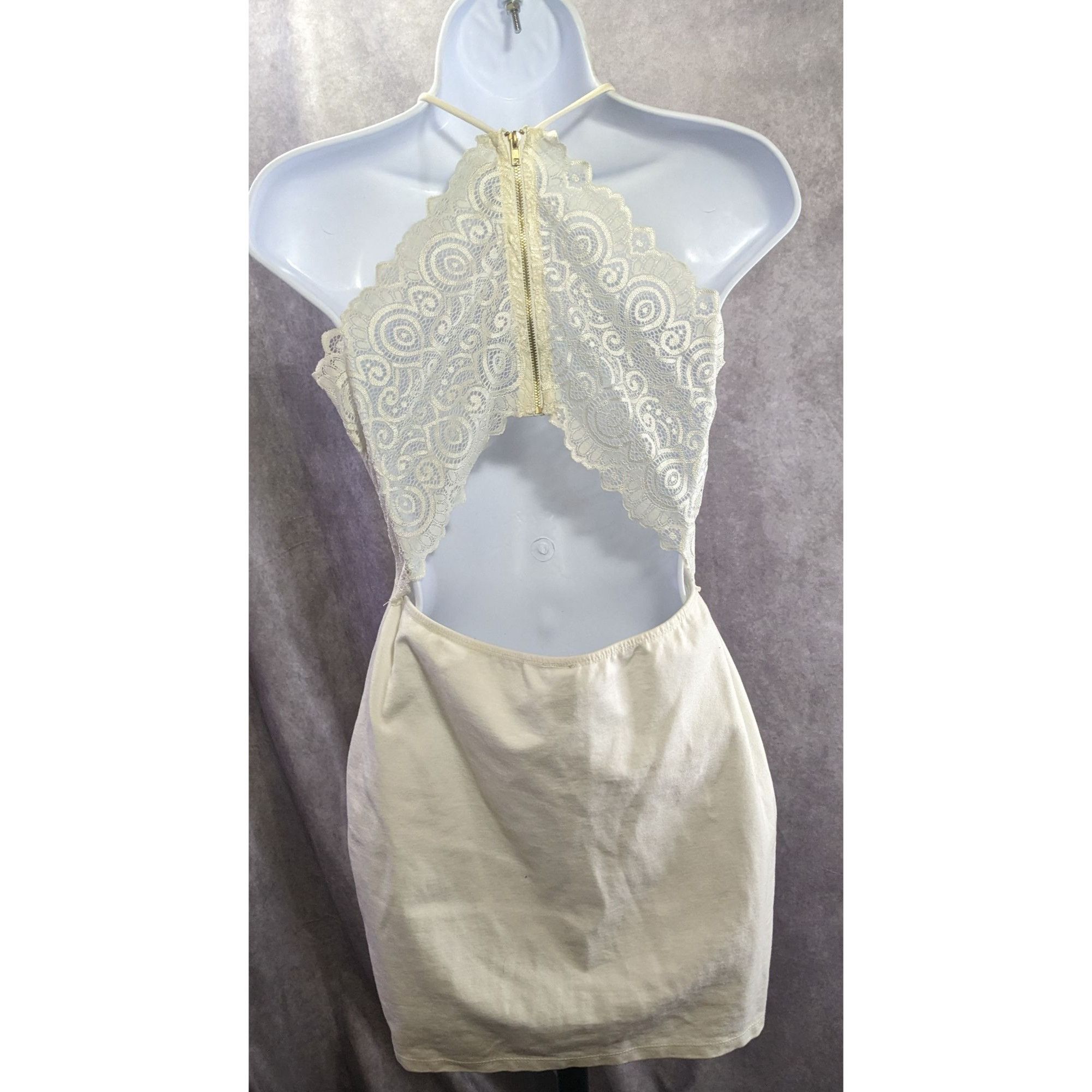Other Windsor Lace Back Halter Mini Dress In Ivory With Gold Zippe Size L / US 10 / IT 46 - 2 Thumbnail