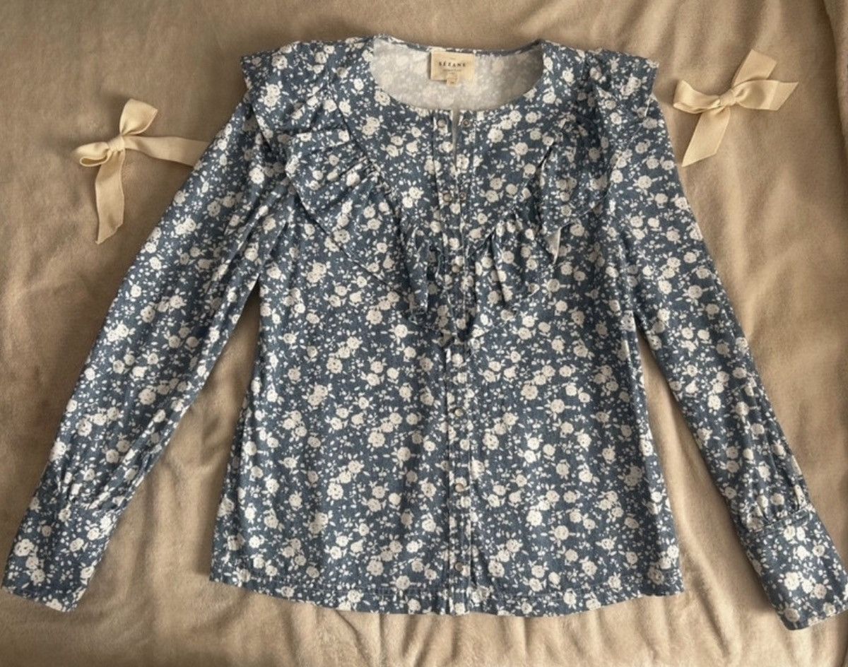 Sezane Sézane « Angèle » Coquette Long Sleeve Blouse - Floral, Blue Size XS / US 0-2 / IT 36-38 - 4 Thumbnail