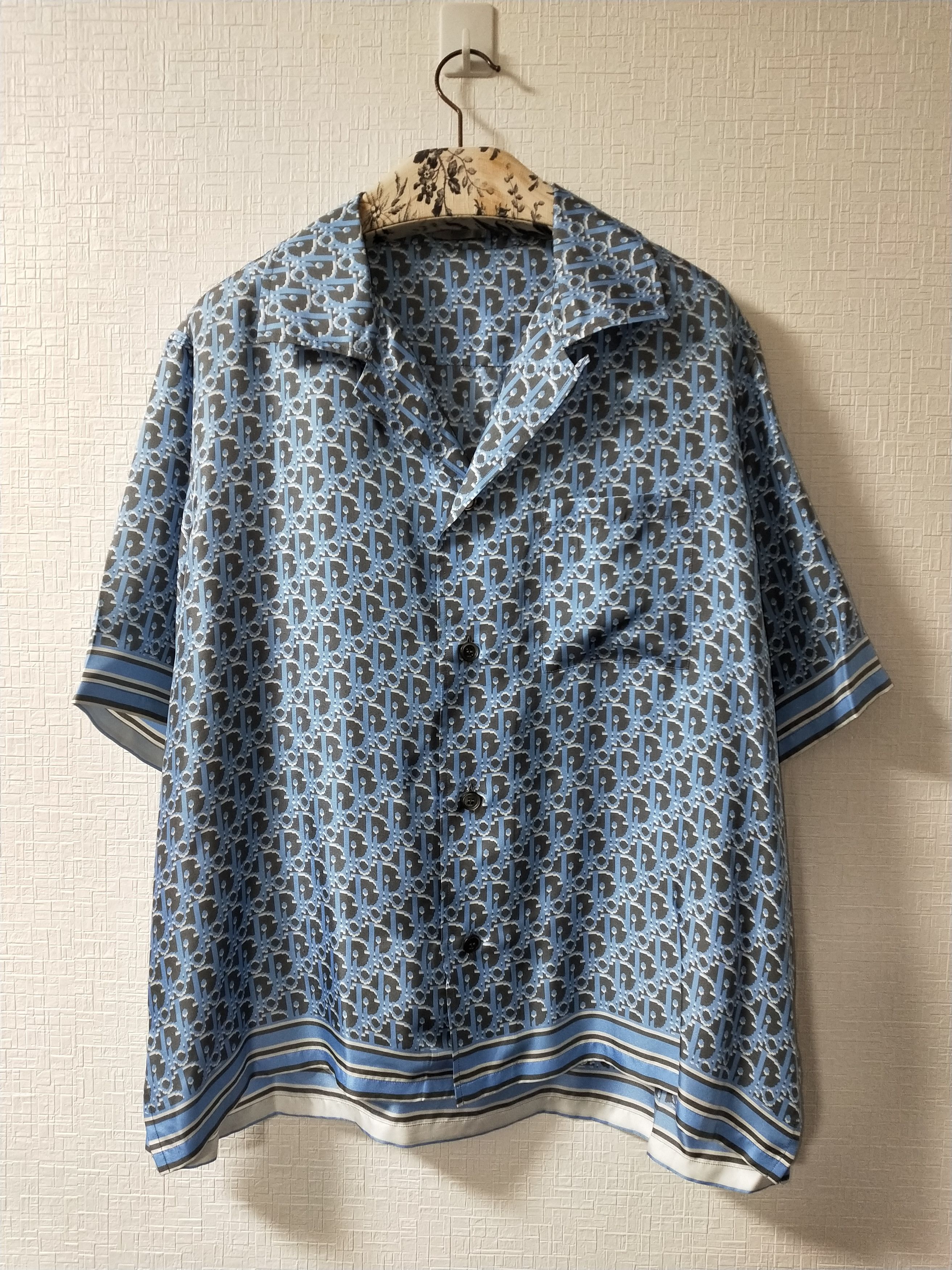image of Dior Oblique Pixel Hawaiian Shirt in Blue, Men's (Size XL)