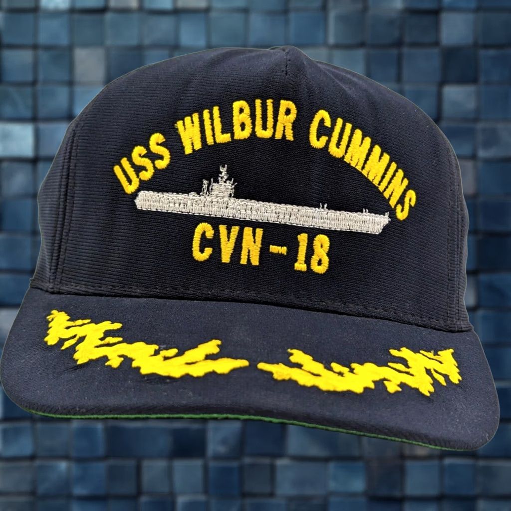 Vintage VINTAGE USA Made Hat Navy Snapback Blue US Navy USS Wilbur Cummins CVN-18 Cap Mens One Size Adjustable Embroidered Military Cap Size ONE SIZE - 1 Thumbnail