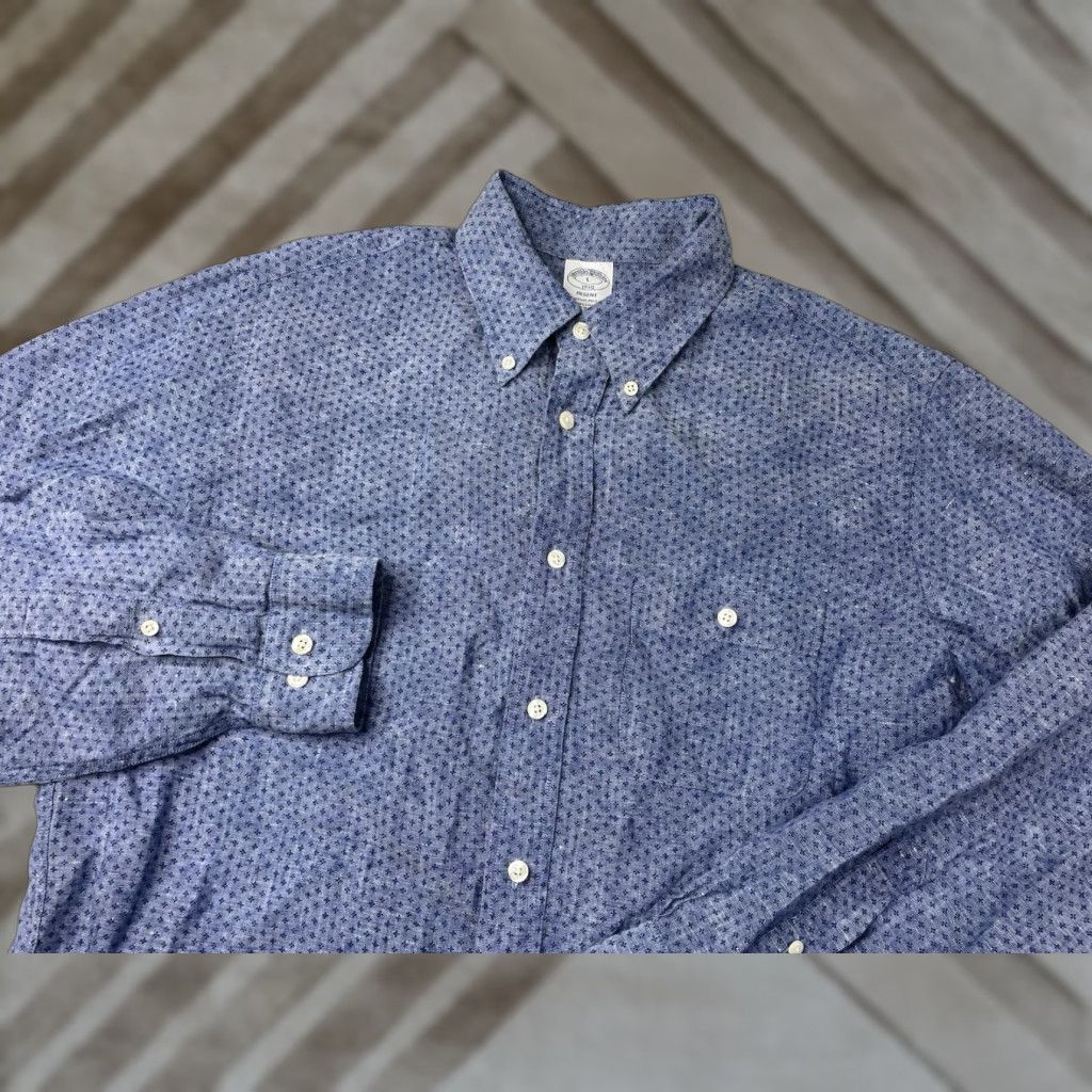 Brooks Brothers Brooks Brothers Shirt Men's L geometric 100% Linen Regent Button Down Blue Geometric Modern Beach Casual Long Sleeve Button-Up Mens Regular Size US L / EU 52-54 / 3 - 1 Thumbnail