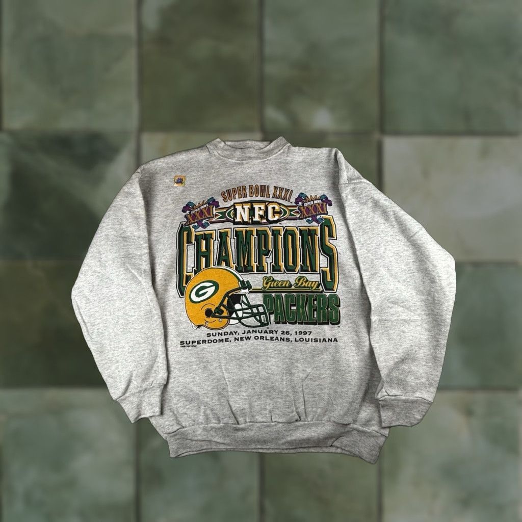 Logo 7 VINTAGE 1997 Green Bay Packers Sweatshirt NFC Champions Super Bowl XXXI Logo 7 L Gray Pullover Hooded Mens Sweatshirt Size US L / EU 52-54 / 3 - 1 Thumbnail