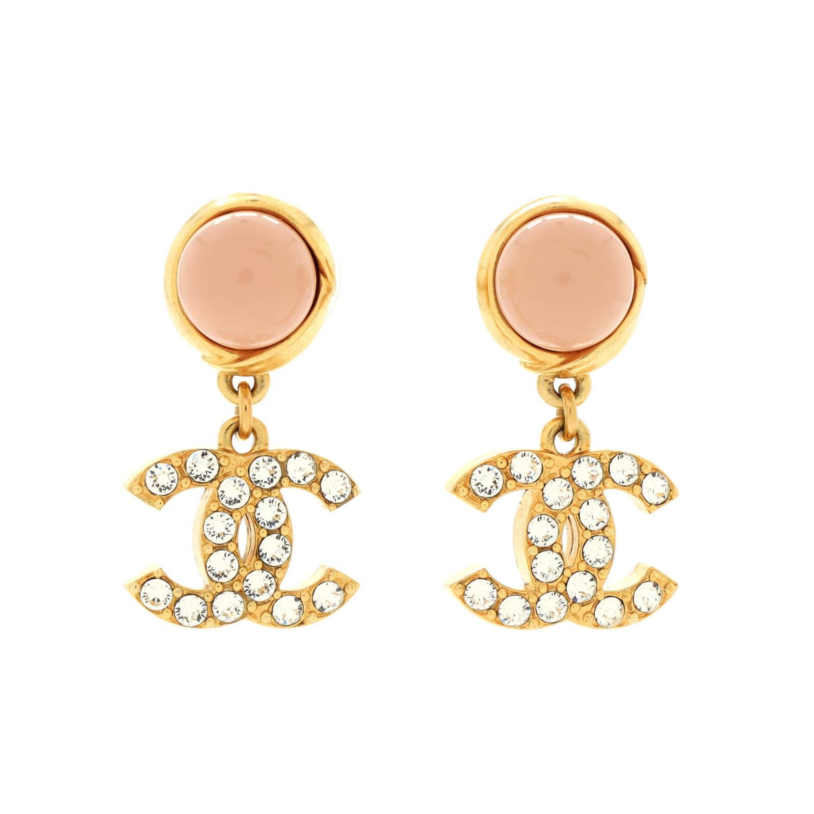 image of Chanel Cc Drop Earrings Metal With Resin And Crystals None in Pink, Women's