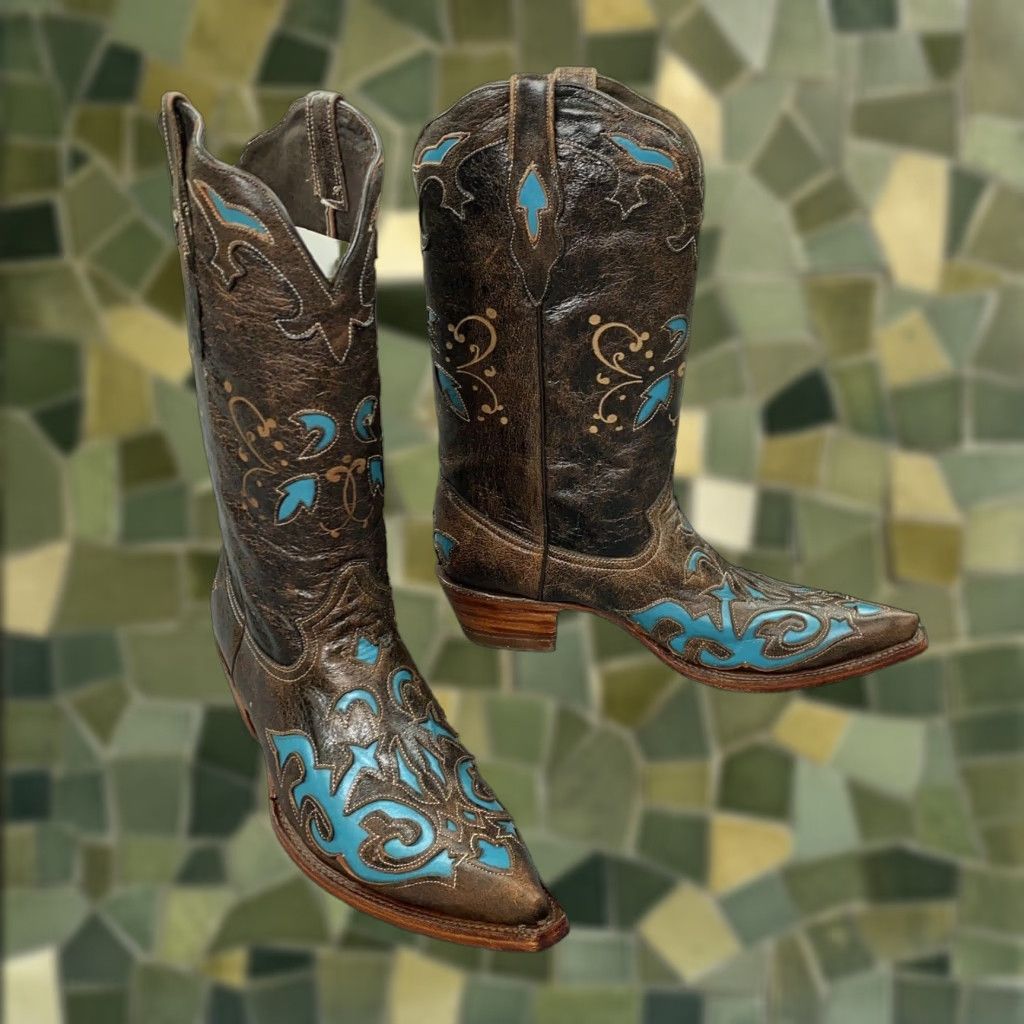 Vintage Pecos Bill Western Boots Womens 9 Brown Leather Cowgirl Fancy Inlay Mid-Calf Block Heel Shoes