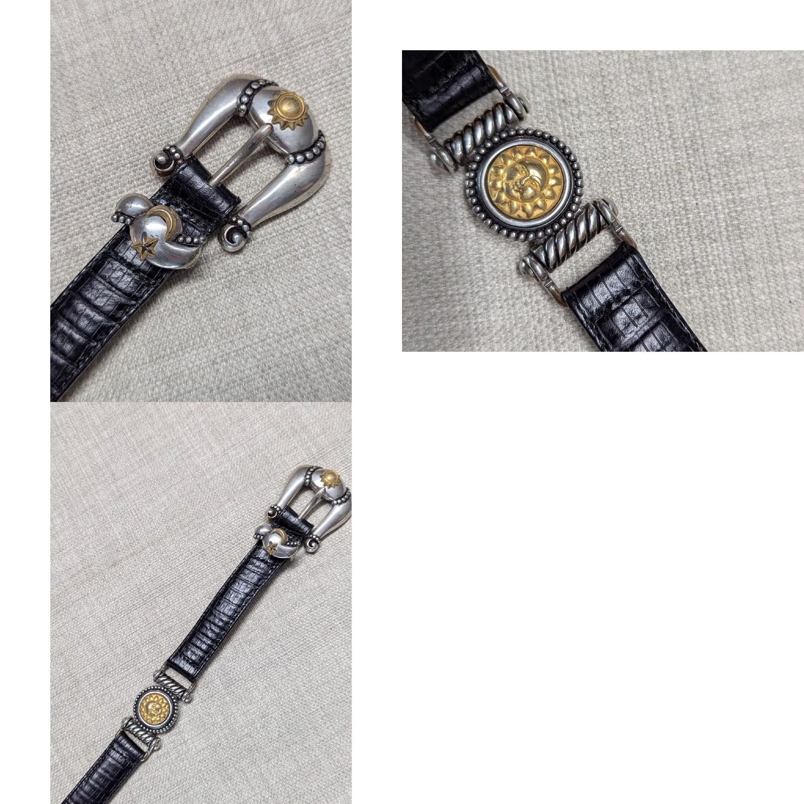 Brighton VINTAGE Brighton Greek Glam belt, 30 in Black Leather, 7/8" width, Greek pattern, Womens, Size S, belt with metal embellishments, 1990s, belt Size ONE SIZE - 8 Thumbnail