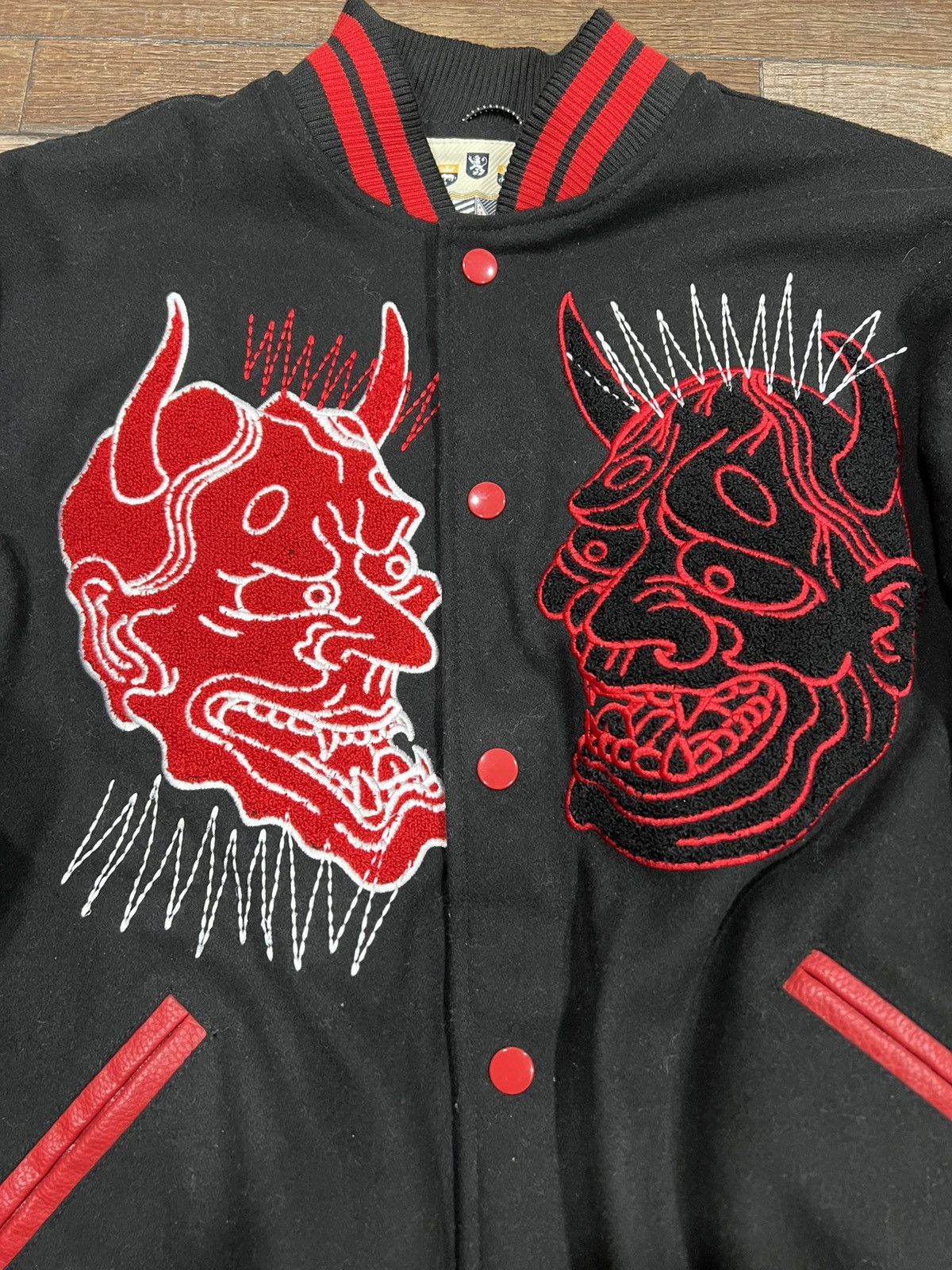 Smoke Rise Smoke Rise Oni Demon Varsity Jacket Black/Red/Cream Size US XL / EU 56 / 4 - 2 Thumbnail