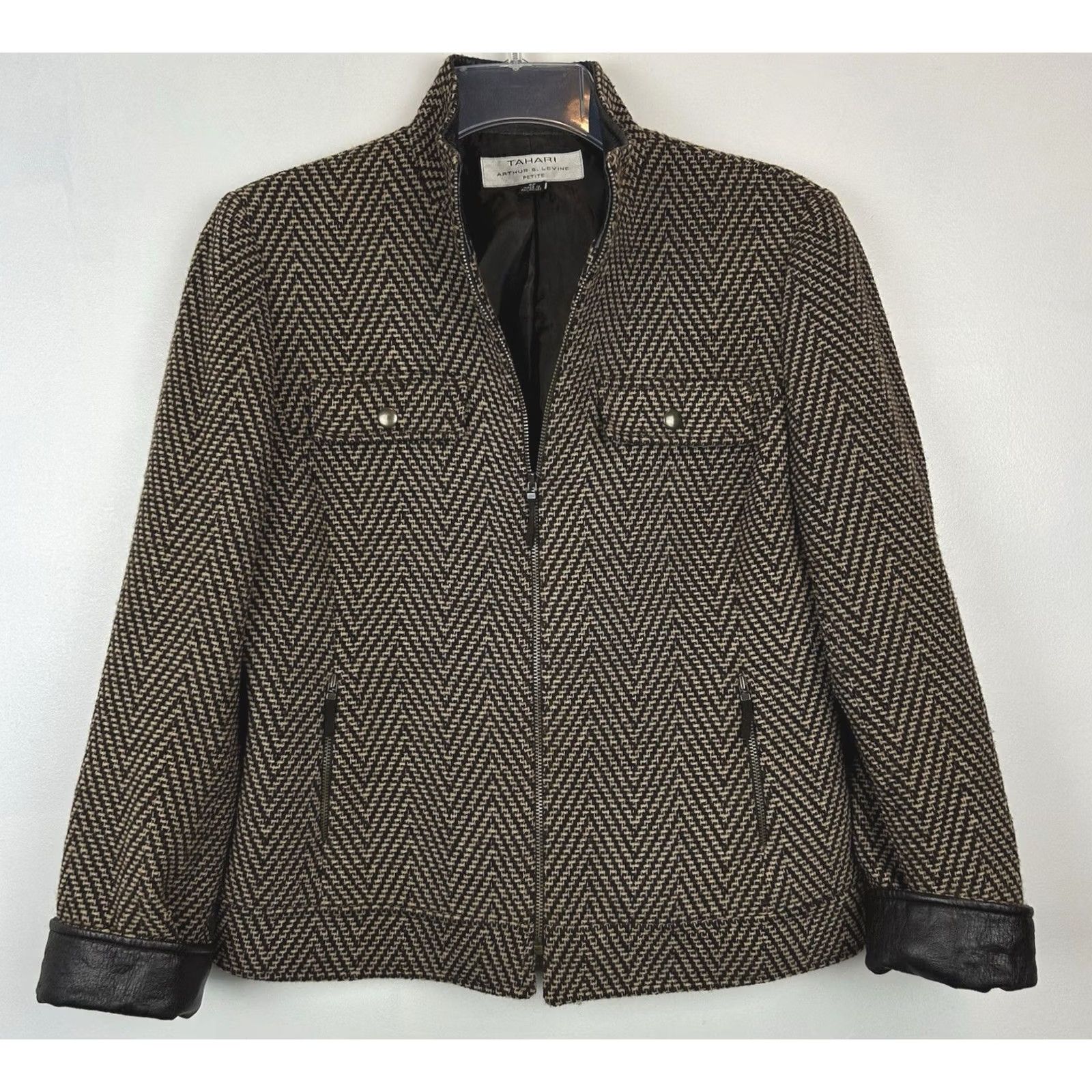 Vintage Tahari Blazer Womens 6 Petite Wool Blend Tweed Belted Lined Single-Breasted Jacket, Brown, Petite Size M / US 6-8 / IT 42-44 - 2 Thumbnail