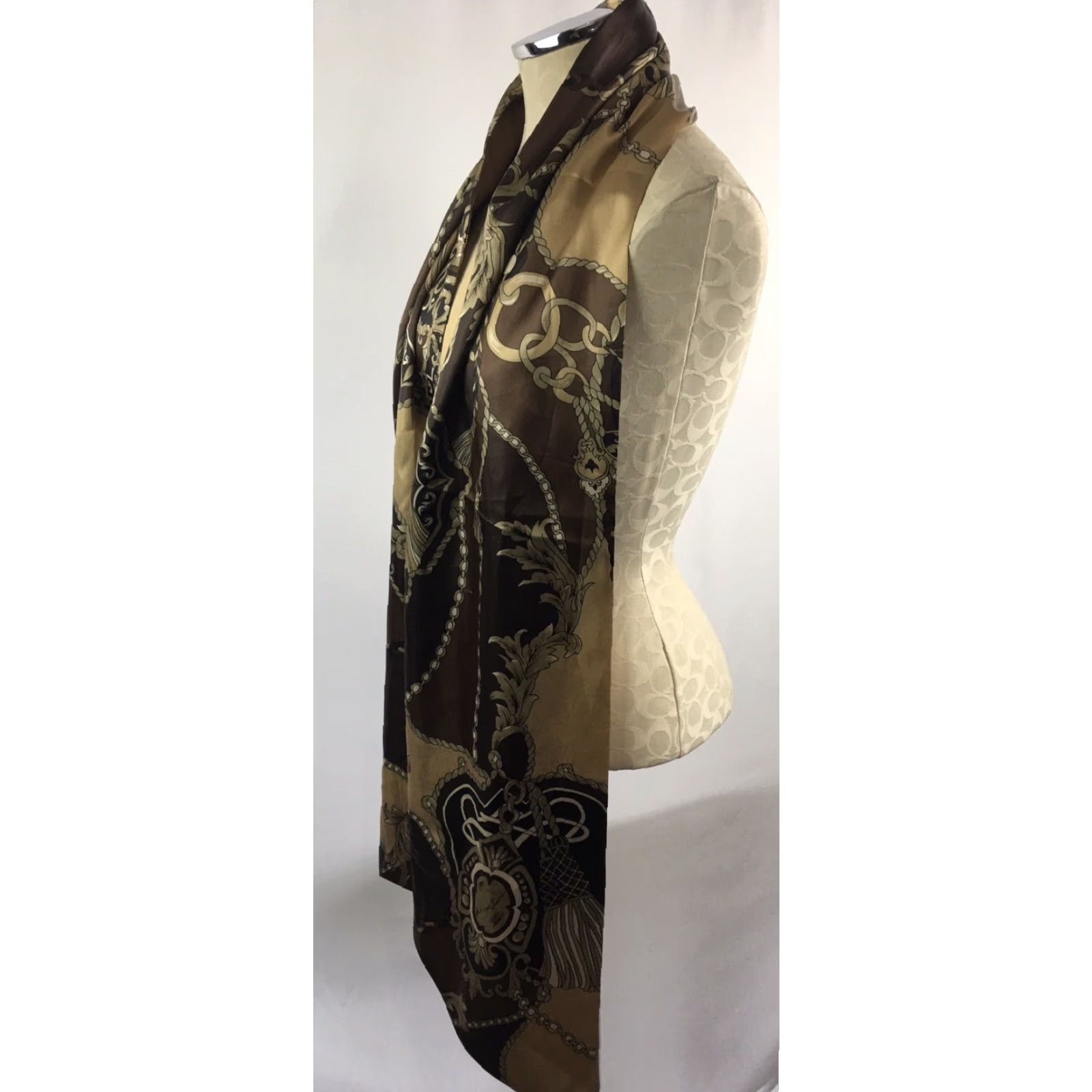 Vintage VINTAGE Dennis Basso Scarf Brown Gold Classic Chain Print 12 x 41" Plus Size Satin Polyester Women Rectangle Scarf 1X Size ONE SIZE - 5 Thumbnail
