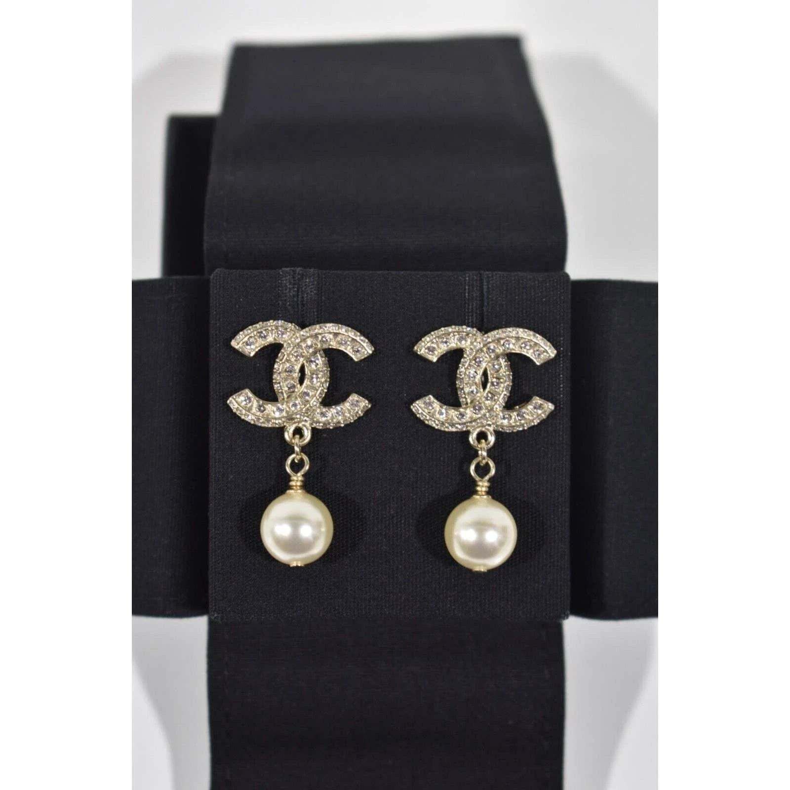 Chanel Chanel Gold Resin Crystal Pearl Statement Stud Drop Earrings Size ONE SIZE - 7 Thumbnail