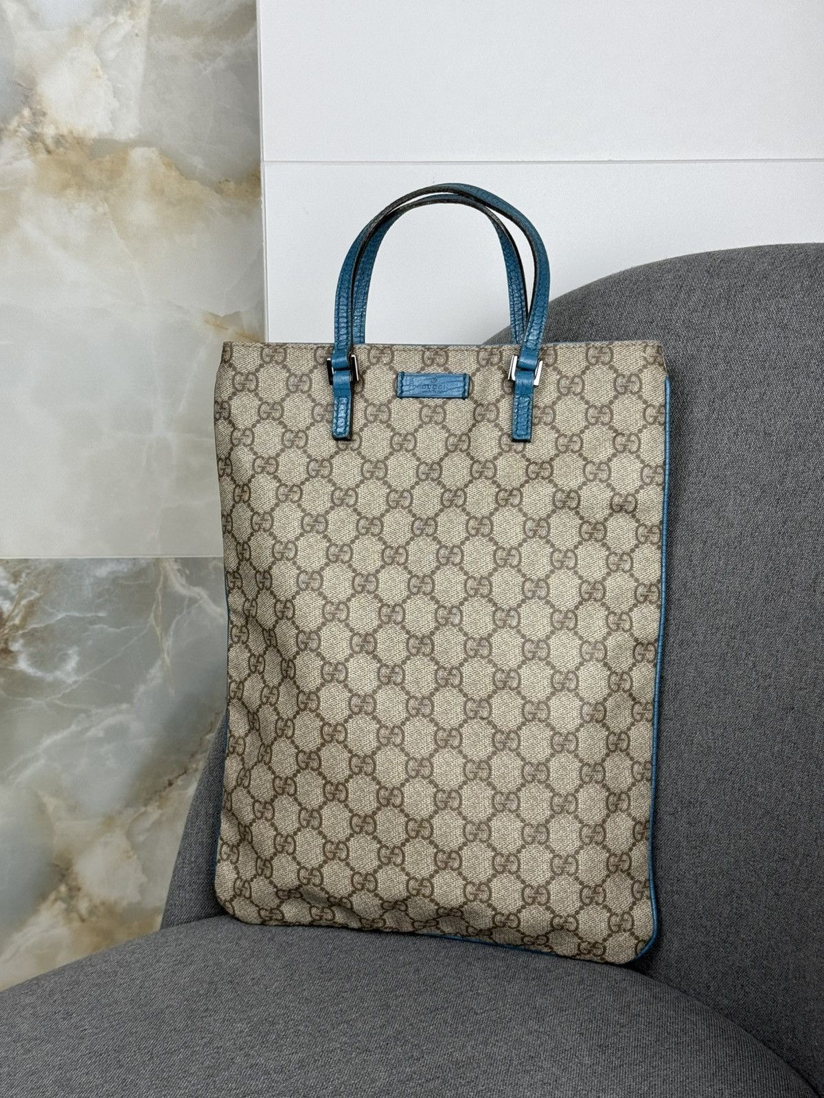Gucci Leather Tote Bag GG Pattern Blue Women Handbag