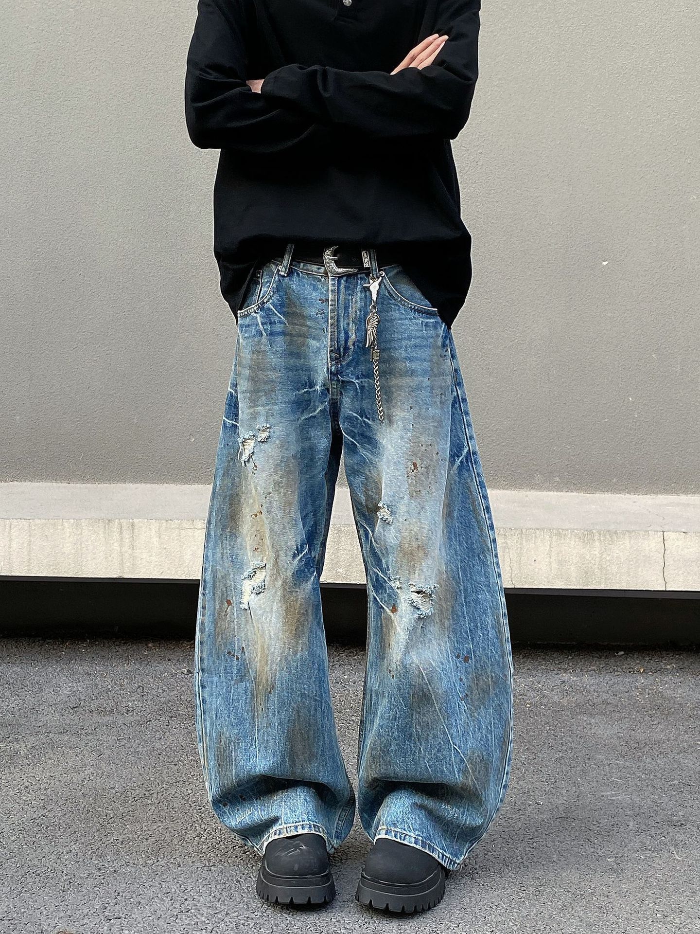 Retro men's loose straight distressed ripped scimitar jeans