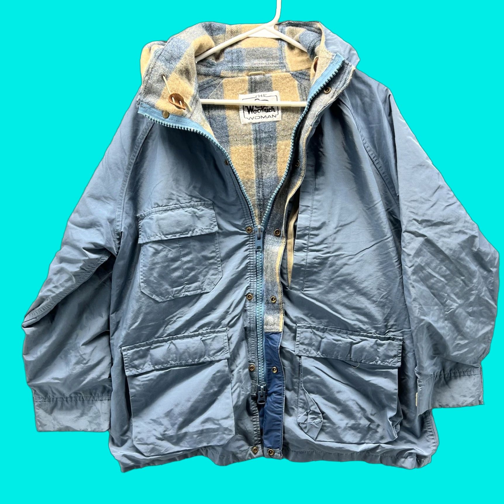 Vintage VINTAGE Woolrich Jacket Womens Large Blue Plaid Hooded Parka 90s White Space NOT Applicable Size L / US 10 / IT 46 - 1 Thumbnail