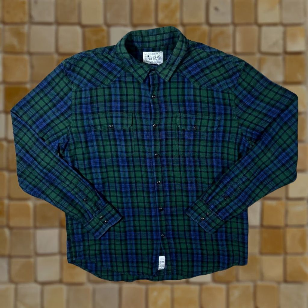 Lucky Brand Lucky Brand Cowboy Western Tartan Plaid Check Long Sleeve Button-Up Flannel Shirt L Men Regular Cotton Green Blue Black Check 100% Size US L / EU 52-54 / 3 - 1 Thumbnail